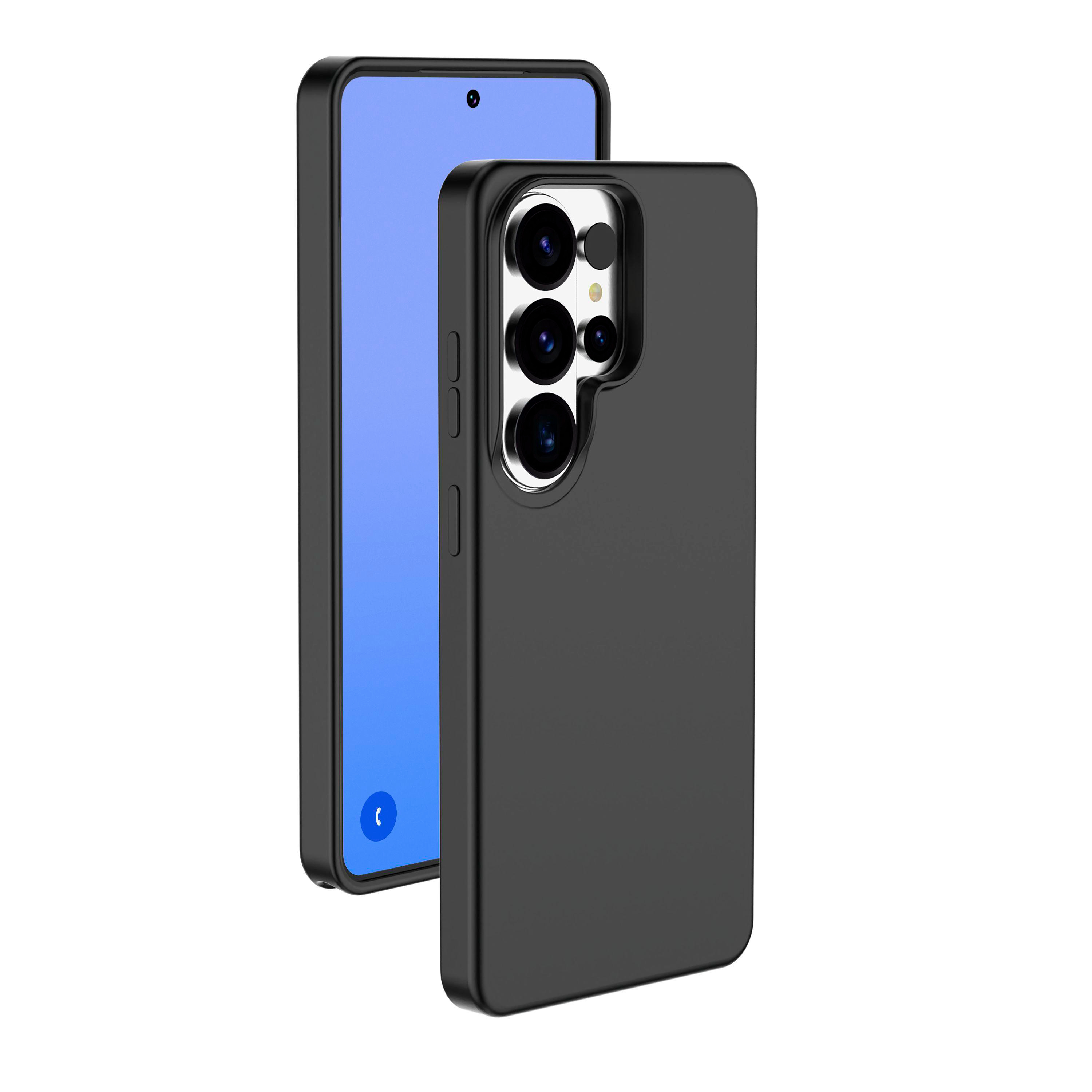 Schwarzes Smartphone mit drei Kameras und einer Hülle.