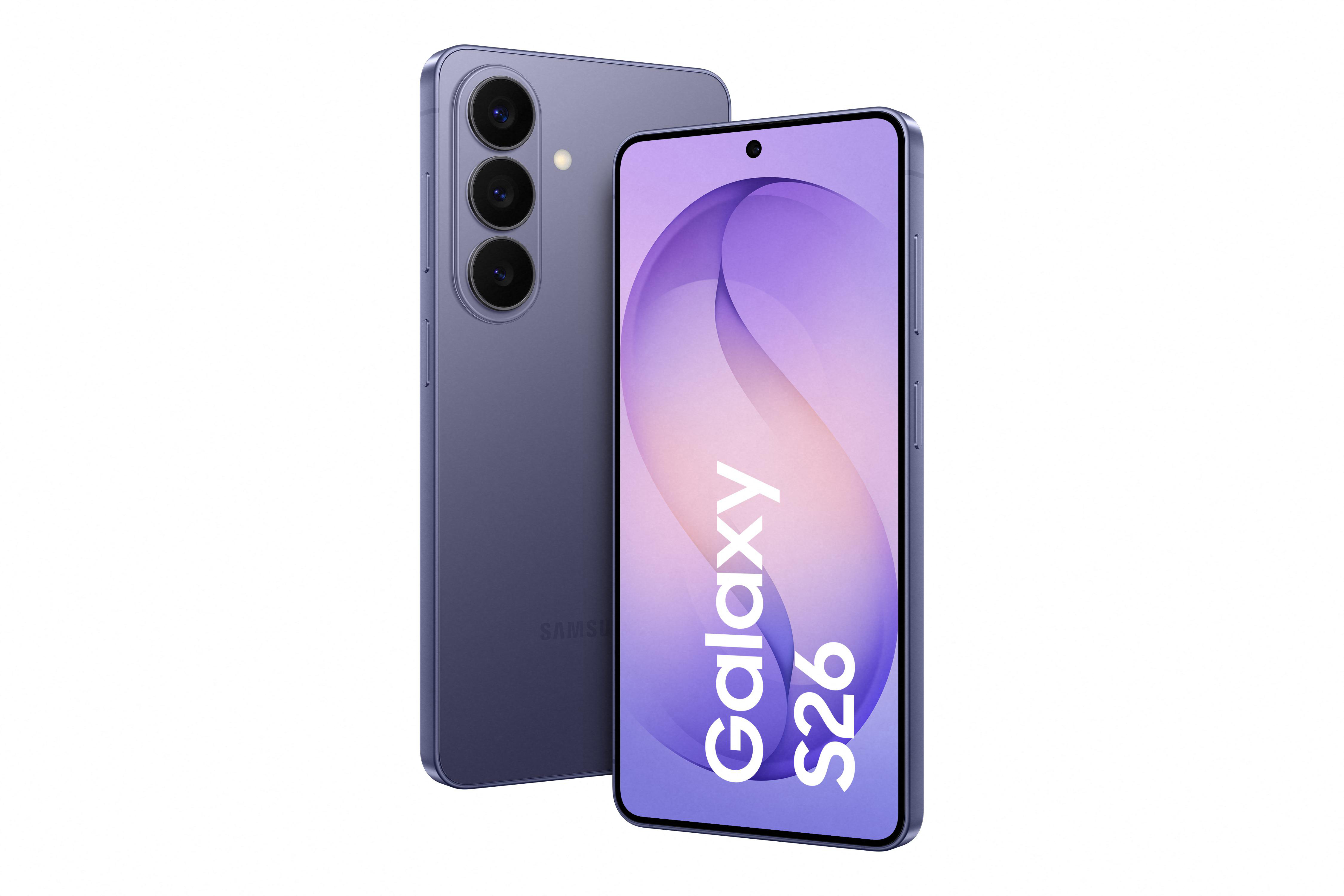 Ein lila Samsung Galaxy S26 Smartphone wird gezeigt. Die Rückseite hat drei Kameras.