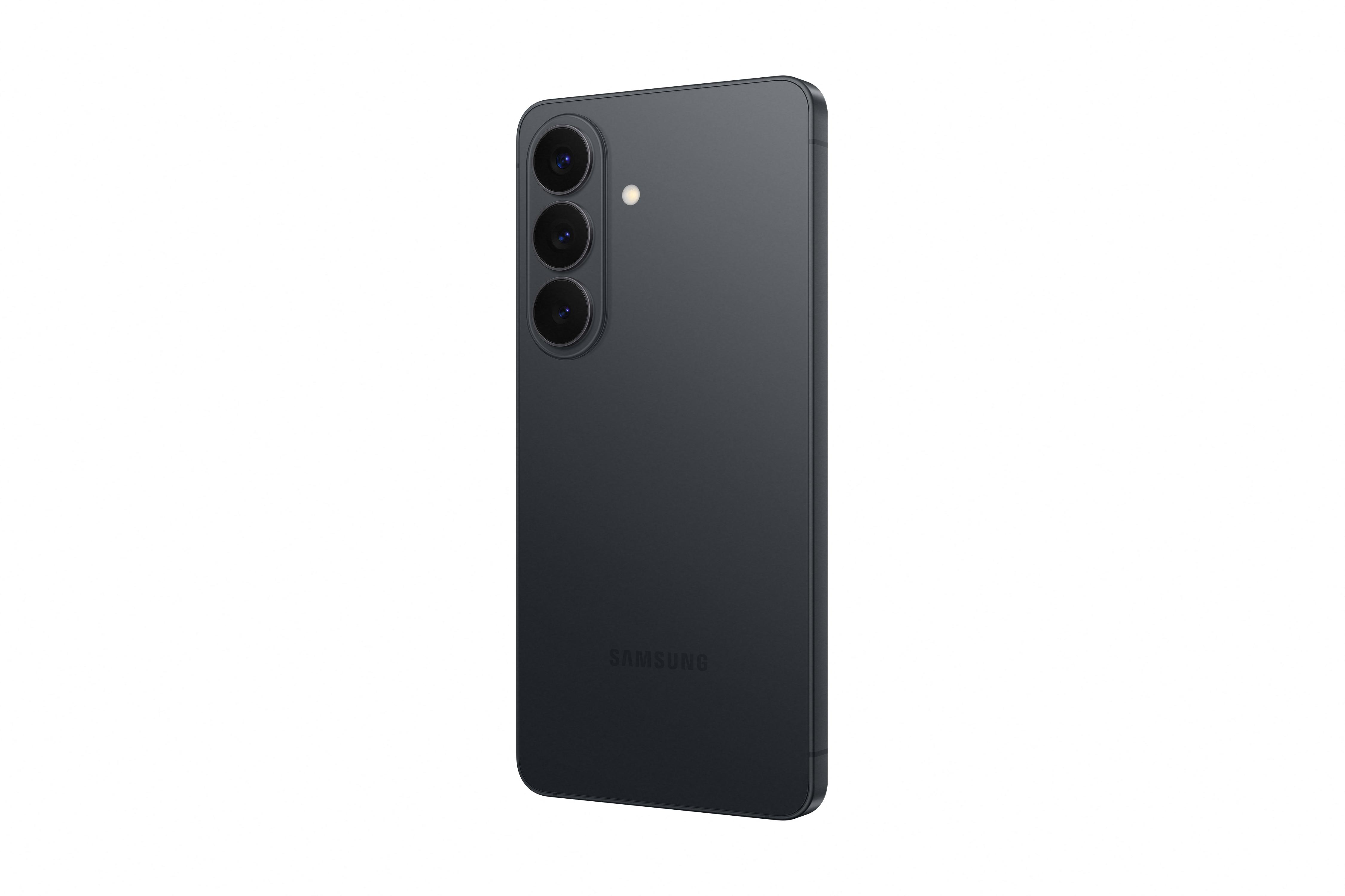 Dunkelgraues Smartphone mit drei Kameras und Blitzlicht auf der Rückseite.