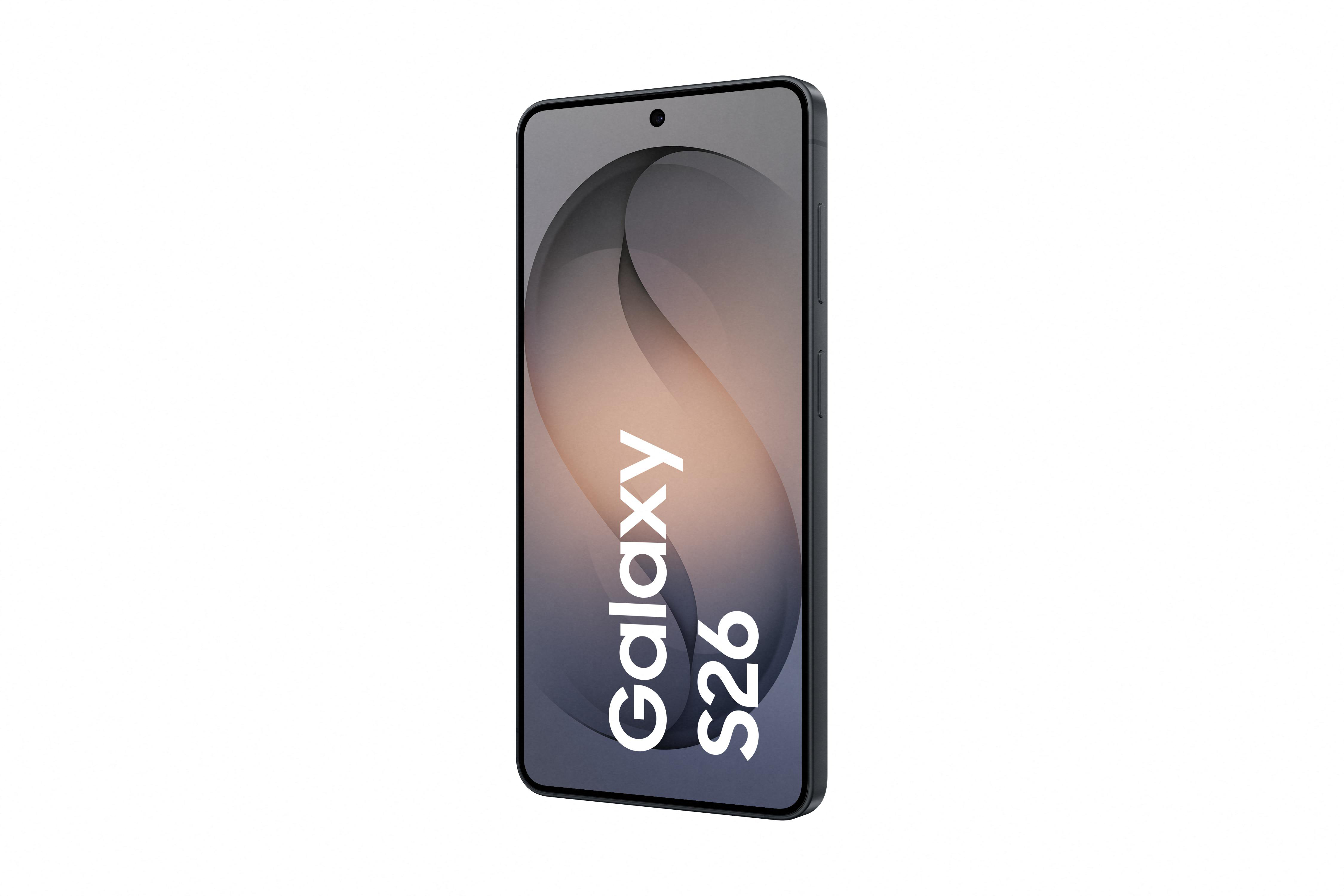 Ein schwarzes Smartphone mit dem Text "Galaxy S26" auf dem Bildschirm.
