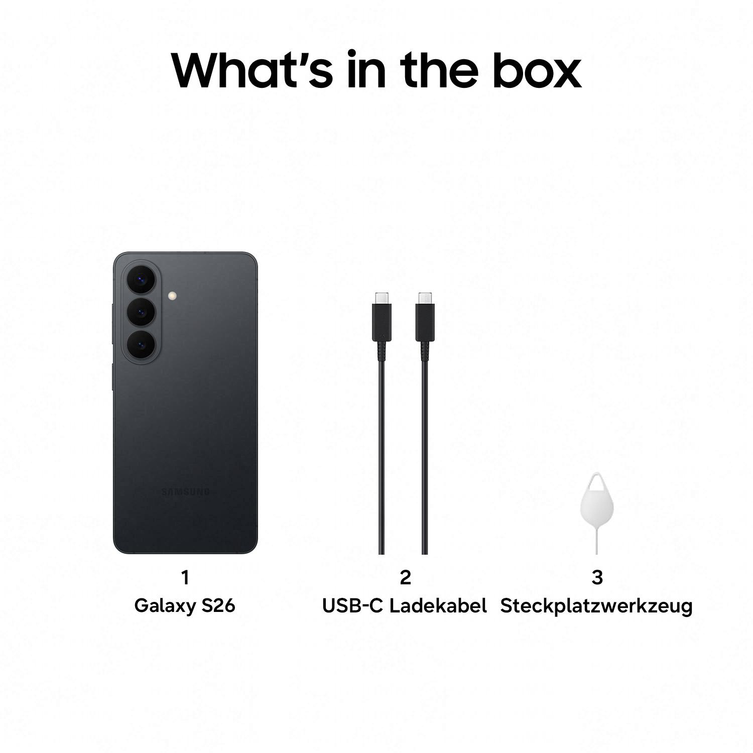 Ein schwarzes Samsung Galaxy S26, zwei USB-C-Kabel und ein SIM-Karten-Werkzeug.