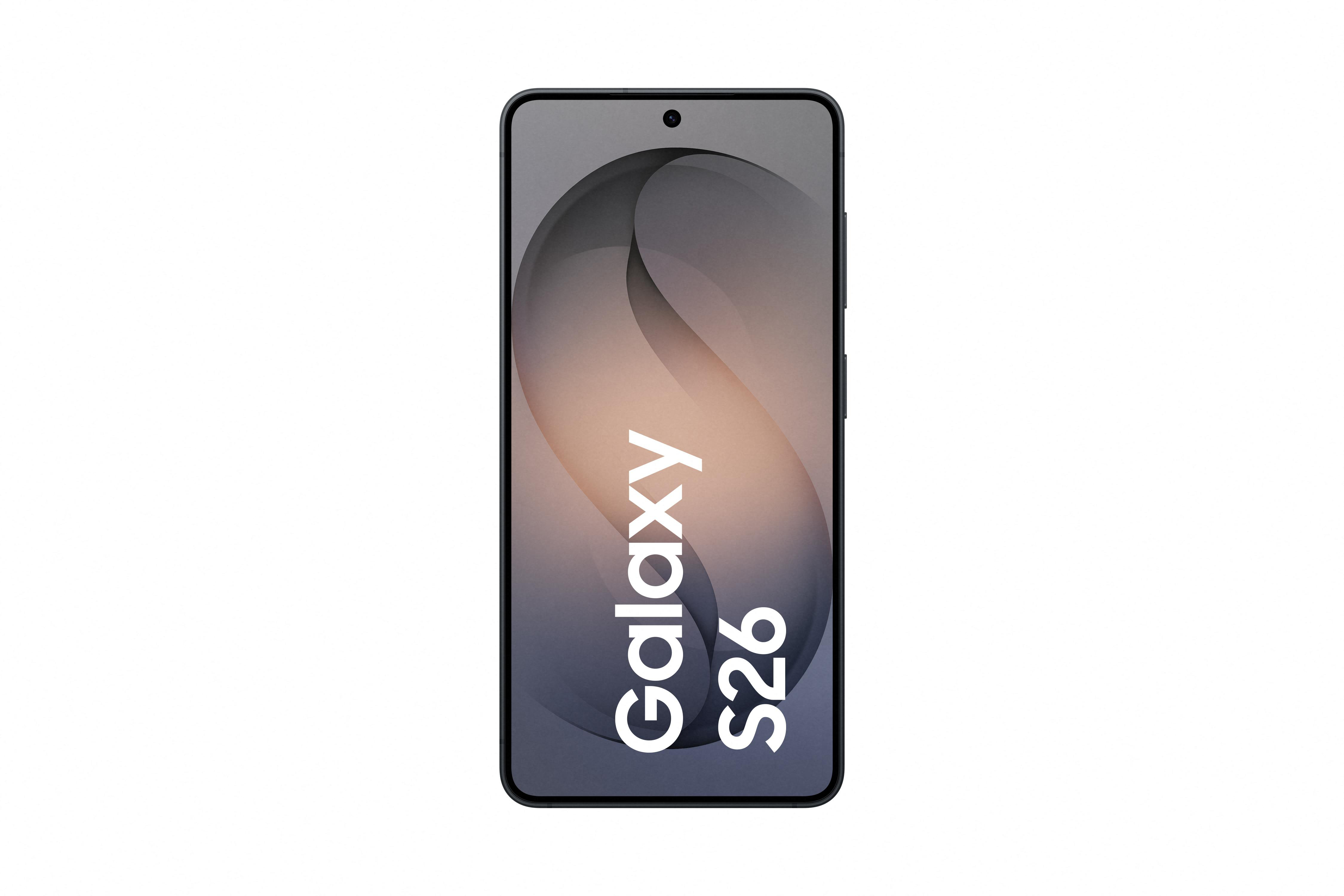 Ein dunkles Smartphone mit dem Schriftzug Galaxy S26 auf dem Bildschirm.