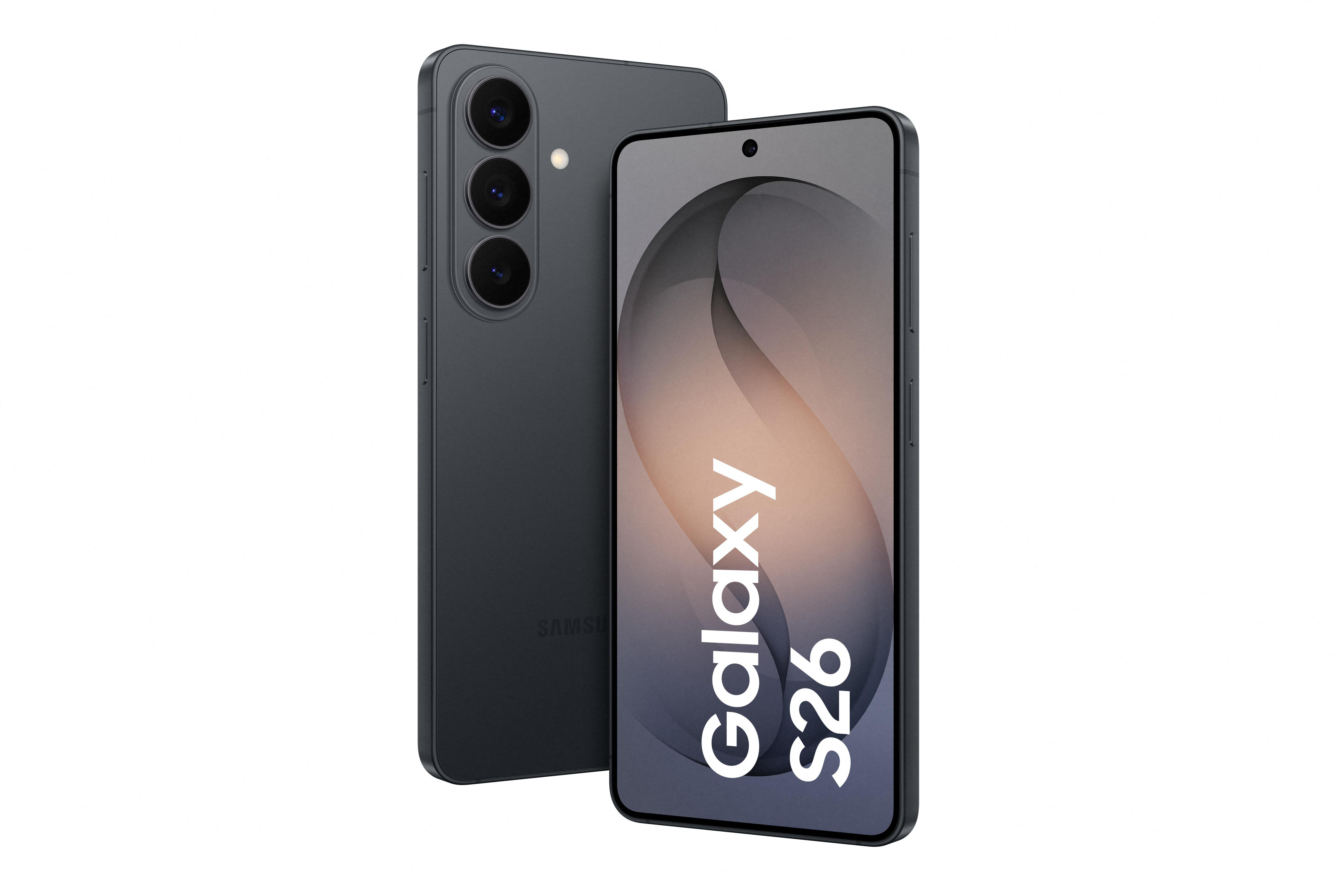 Ein dunkles Samsung Galaxy S26 Smartphone mit drei Kameras auf der Rückseite.
