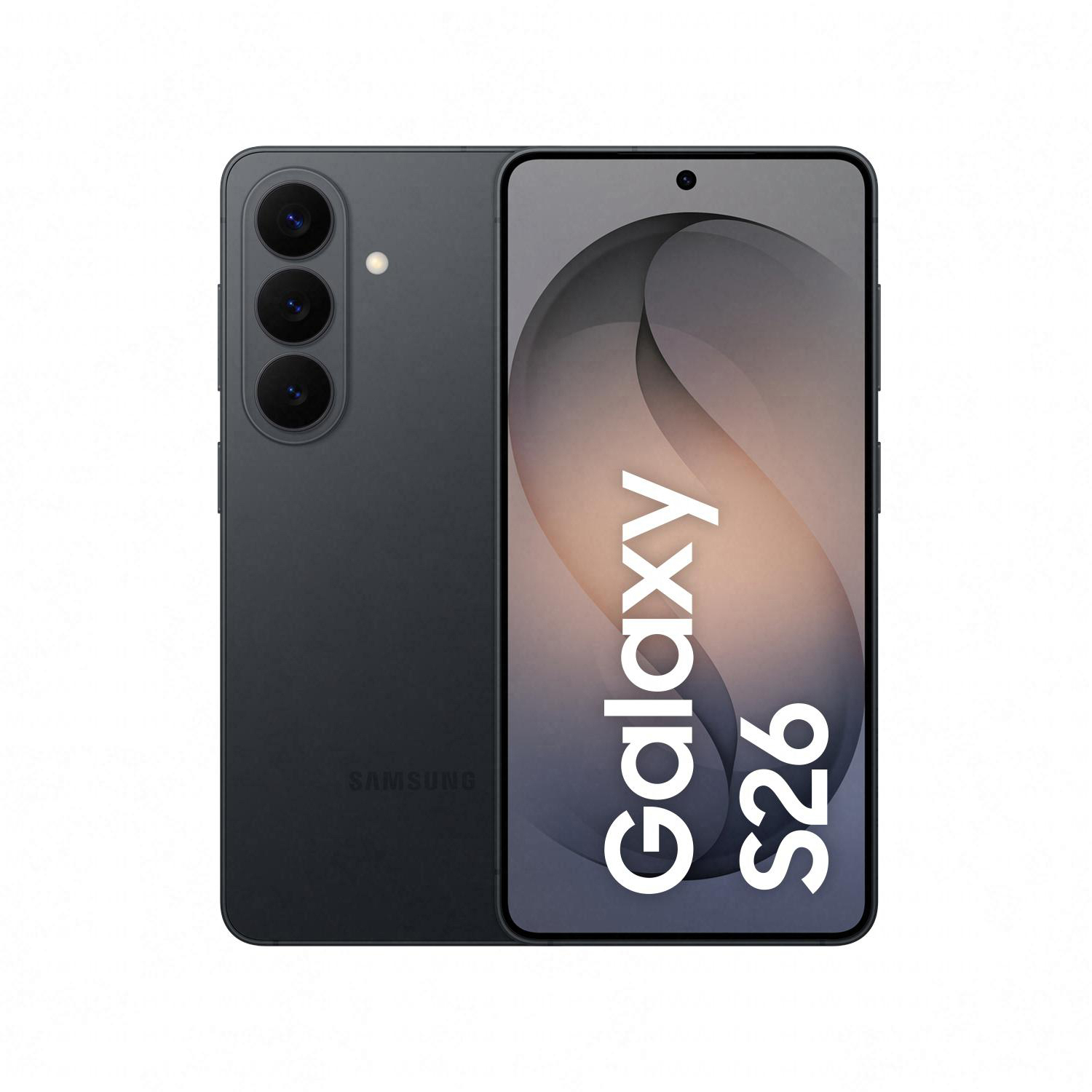 Ein dunkles Samsung Galaxy S26 Smartphone mit drei Kameras auf der Rückseite.