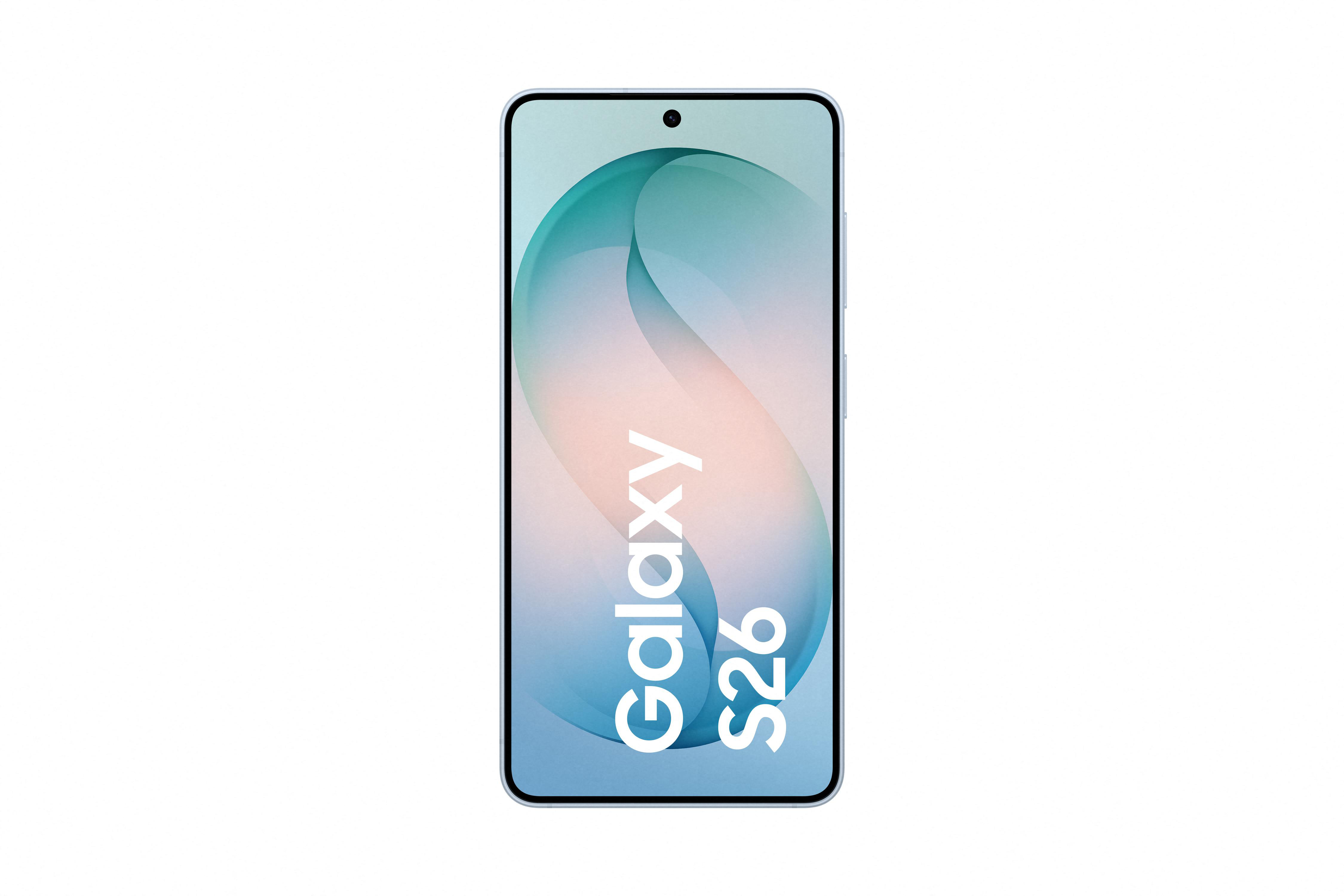Ein hellblaues Smartphone mit dem Text Galaxy S26 auf dem Bildschirm.
