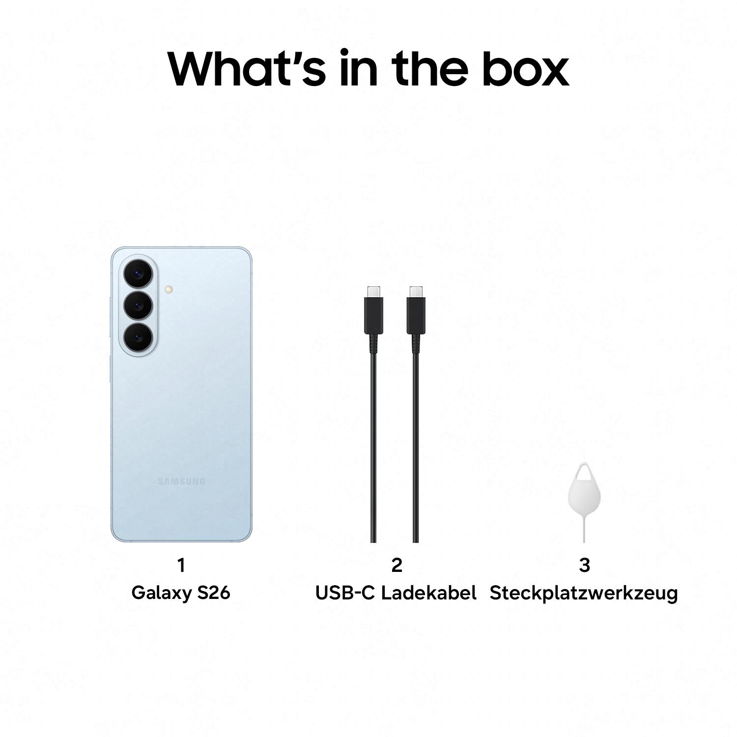 Ein hellblaues Samsung Galaxy S26, zwei USB-C-Kabel und ein SIM-Werkzeug.