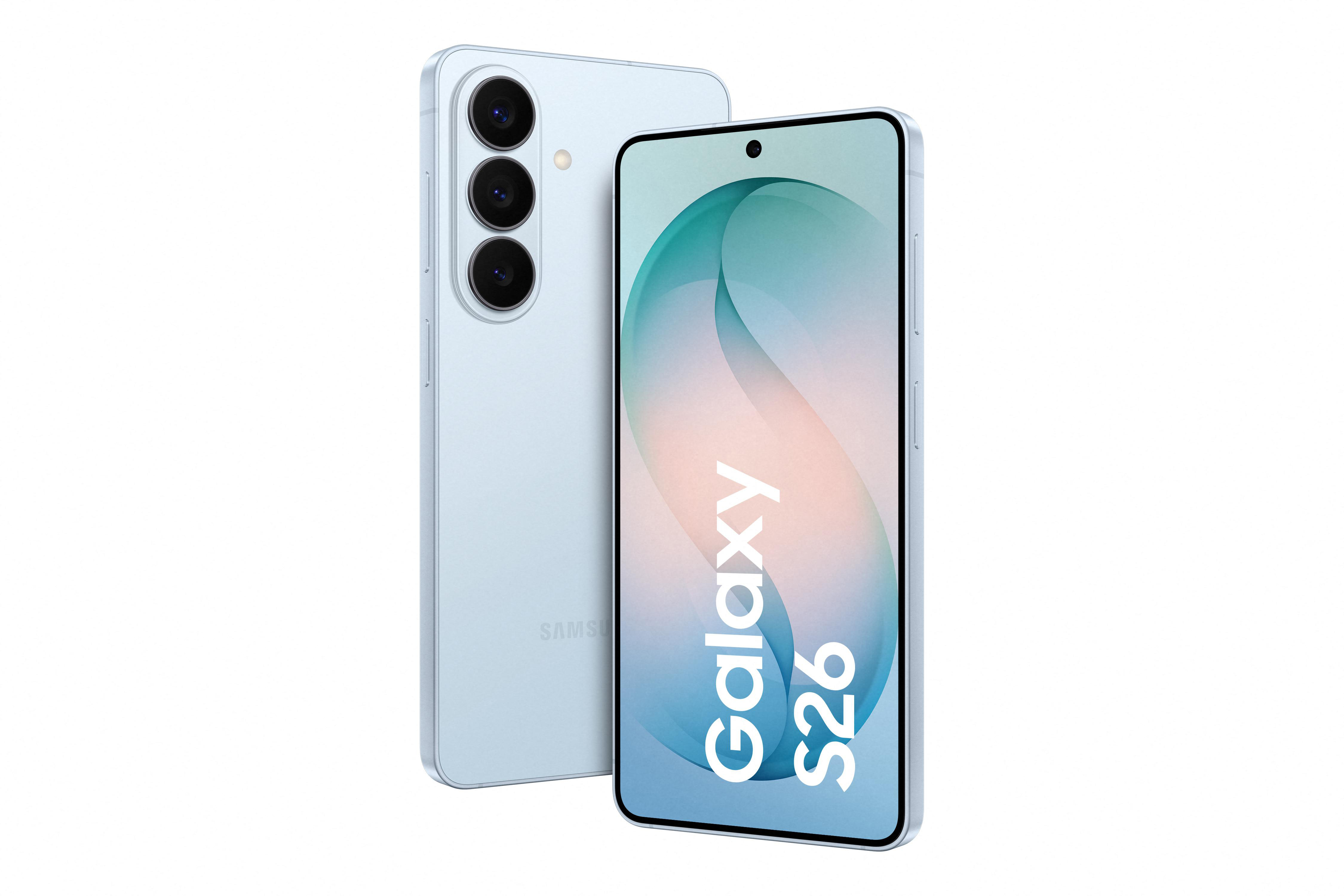Ein hellblaues Samsung Galaxy S26 Smartphone mit drei Kameralinsen.