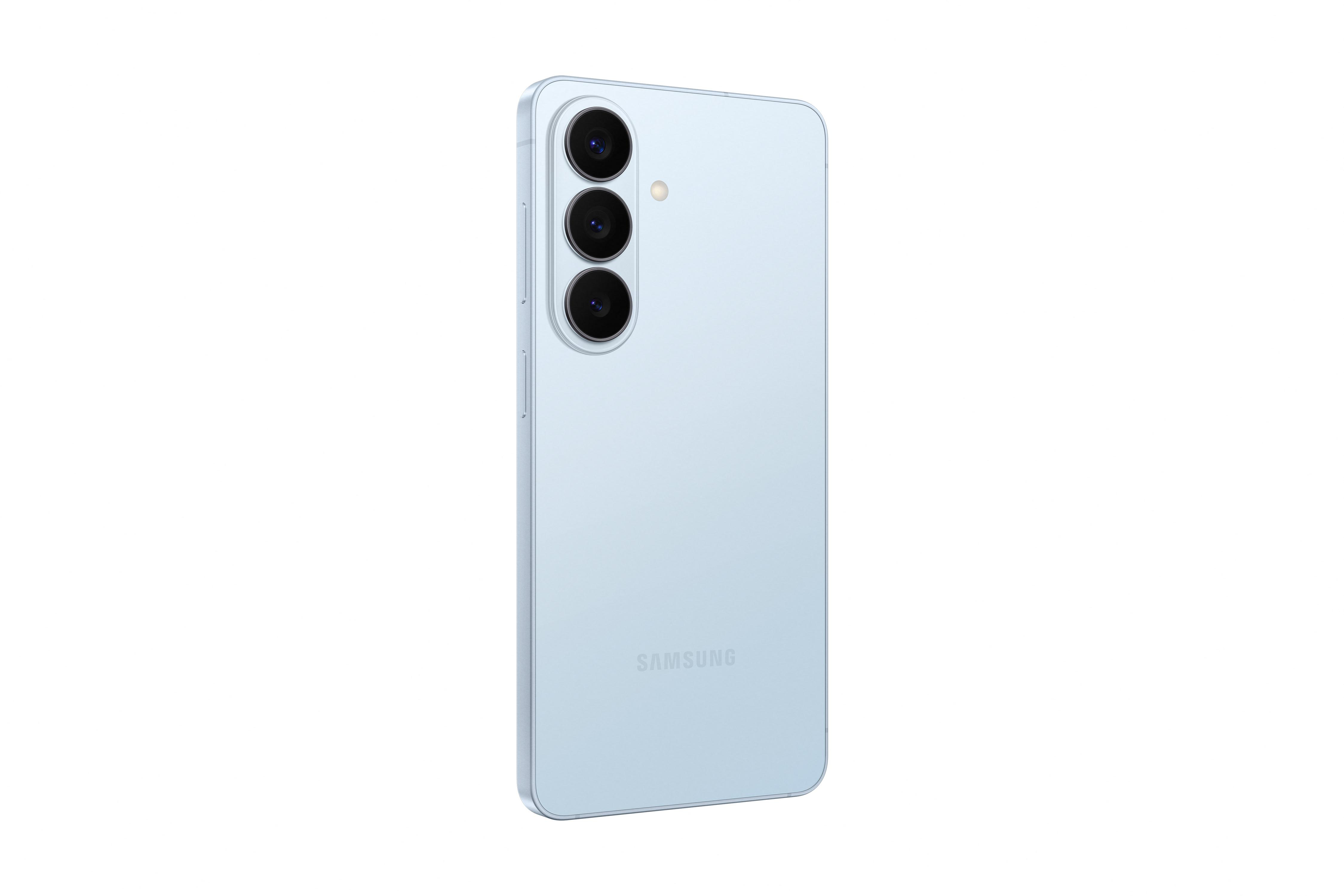 Ein hellblaues Smartphone mit drei Kameras auf der Rückseite.