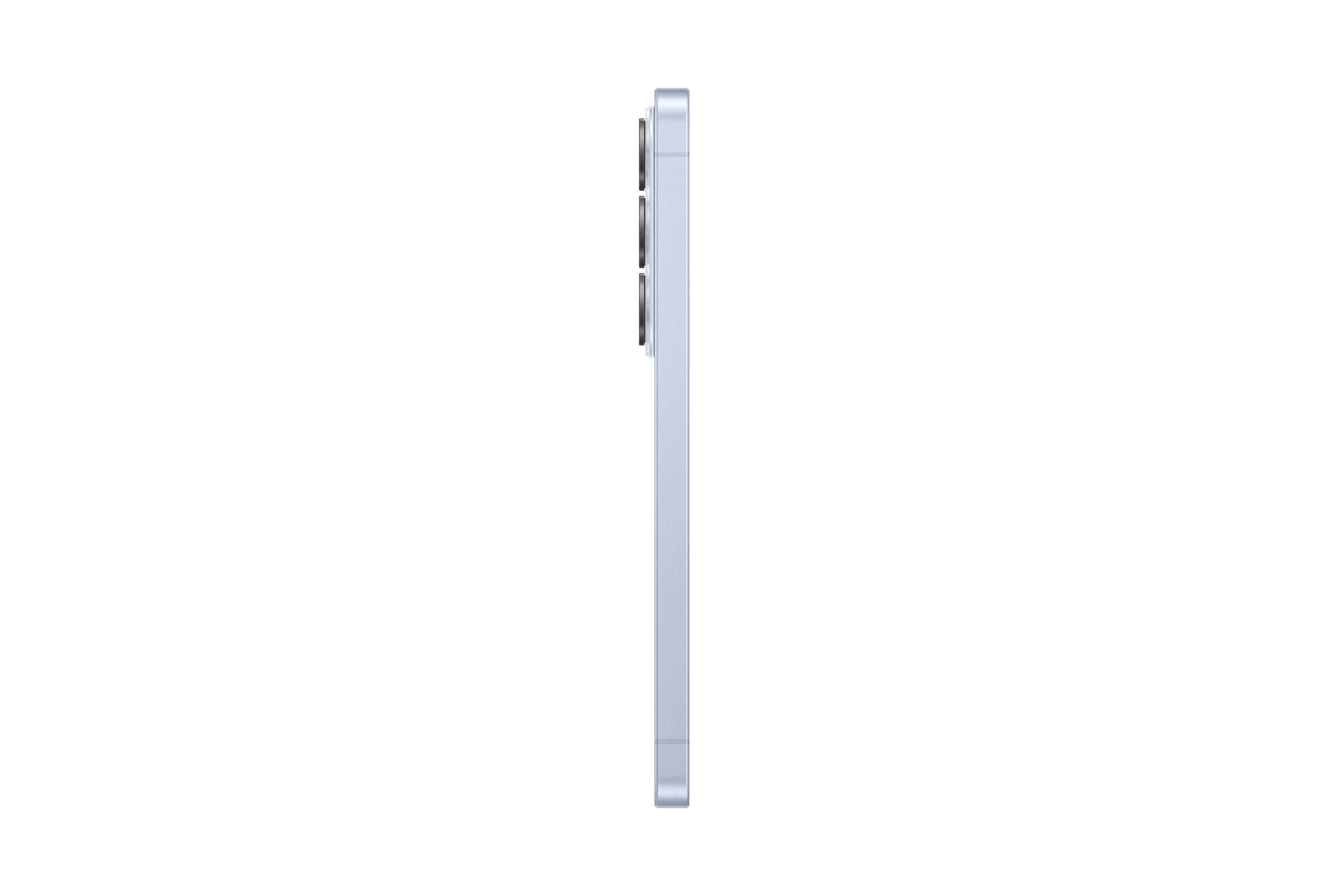 Ein hellblaues Smartphone mit drei Kameras auf der Seite, von rechts gesehen.