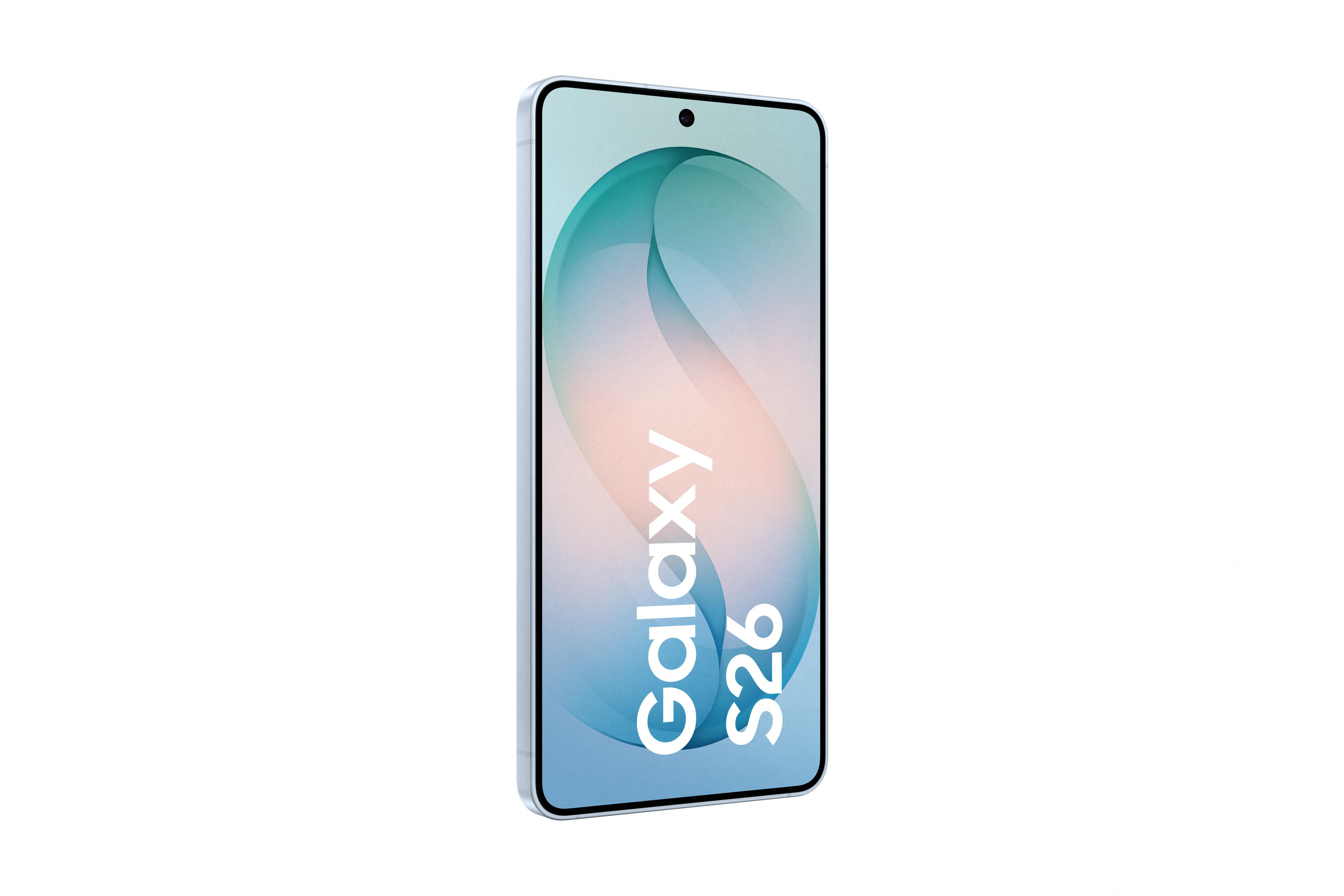 Ein hellblaues Smartphone mit dem Schriftzug "Galaxy S26" auf dem Bildschirm.