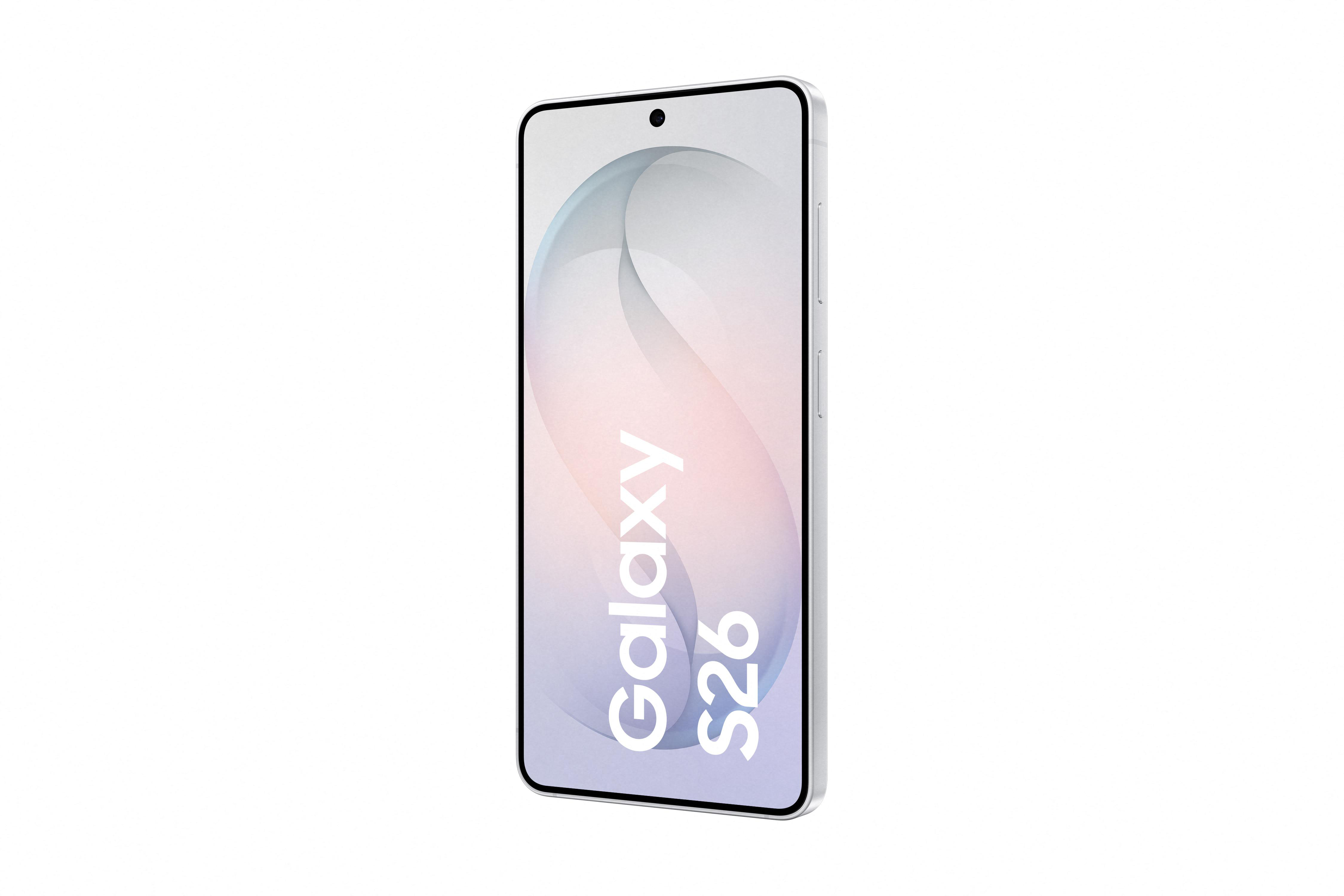 Ein silbernes Smartphone mit dem Text "Galaxy S26" auf dem Bildschirm.