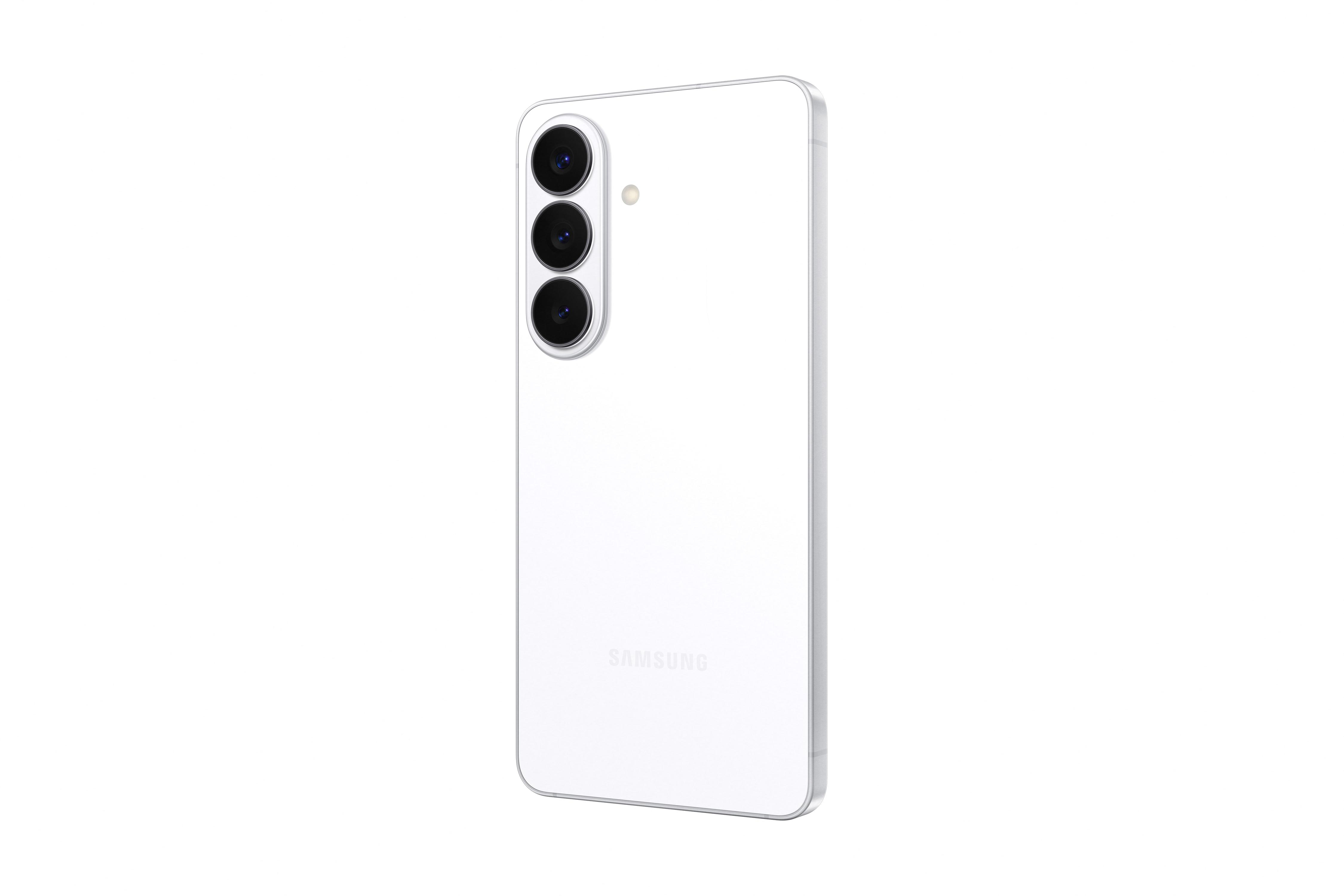 Weiße Samsung-Rückseite mit drei Kameralinsen und Blitz.