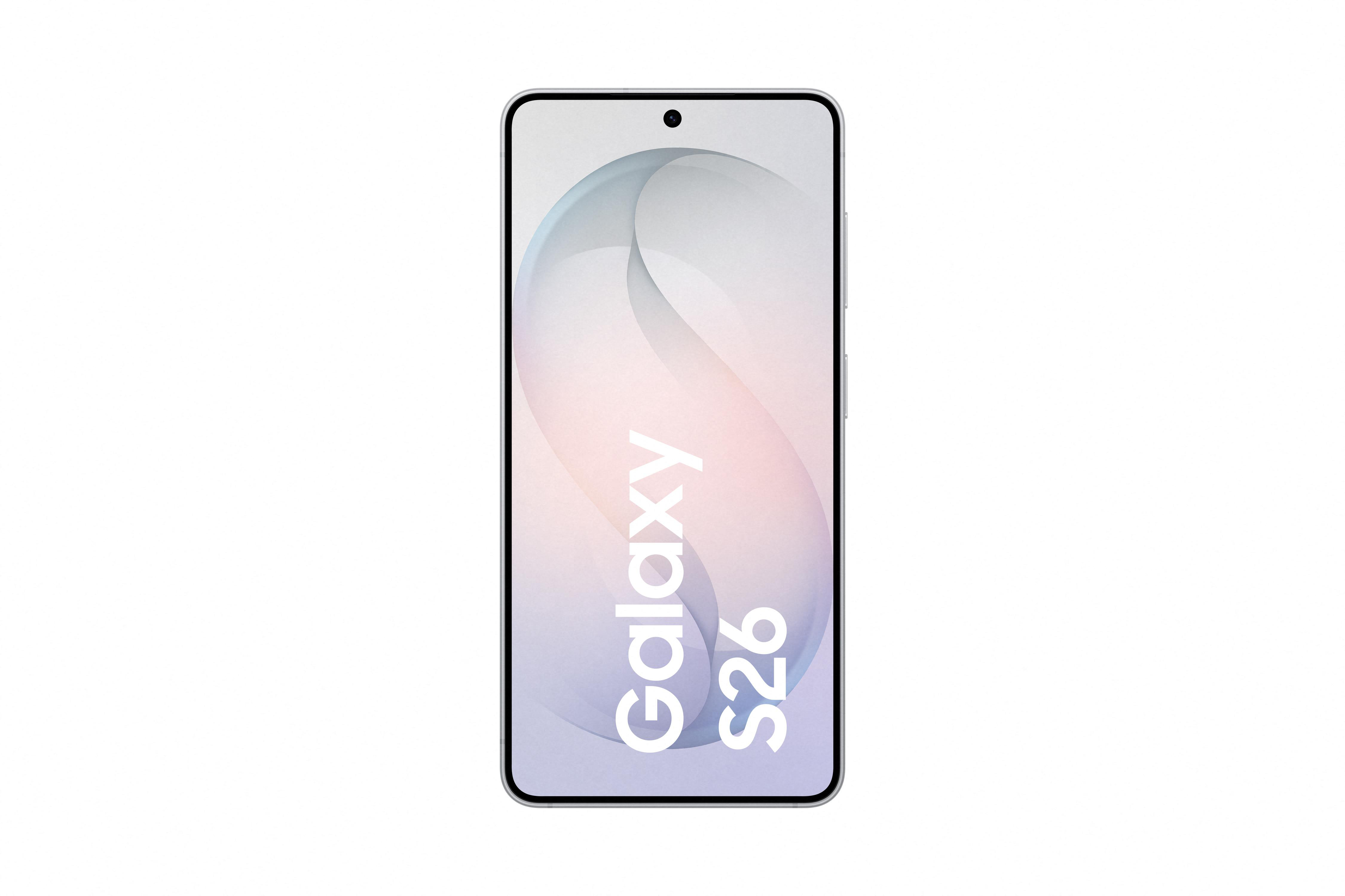 Ein silbernes Smartphone mit einem Loch für die Kamera und dem Text „Galaxy S26“.