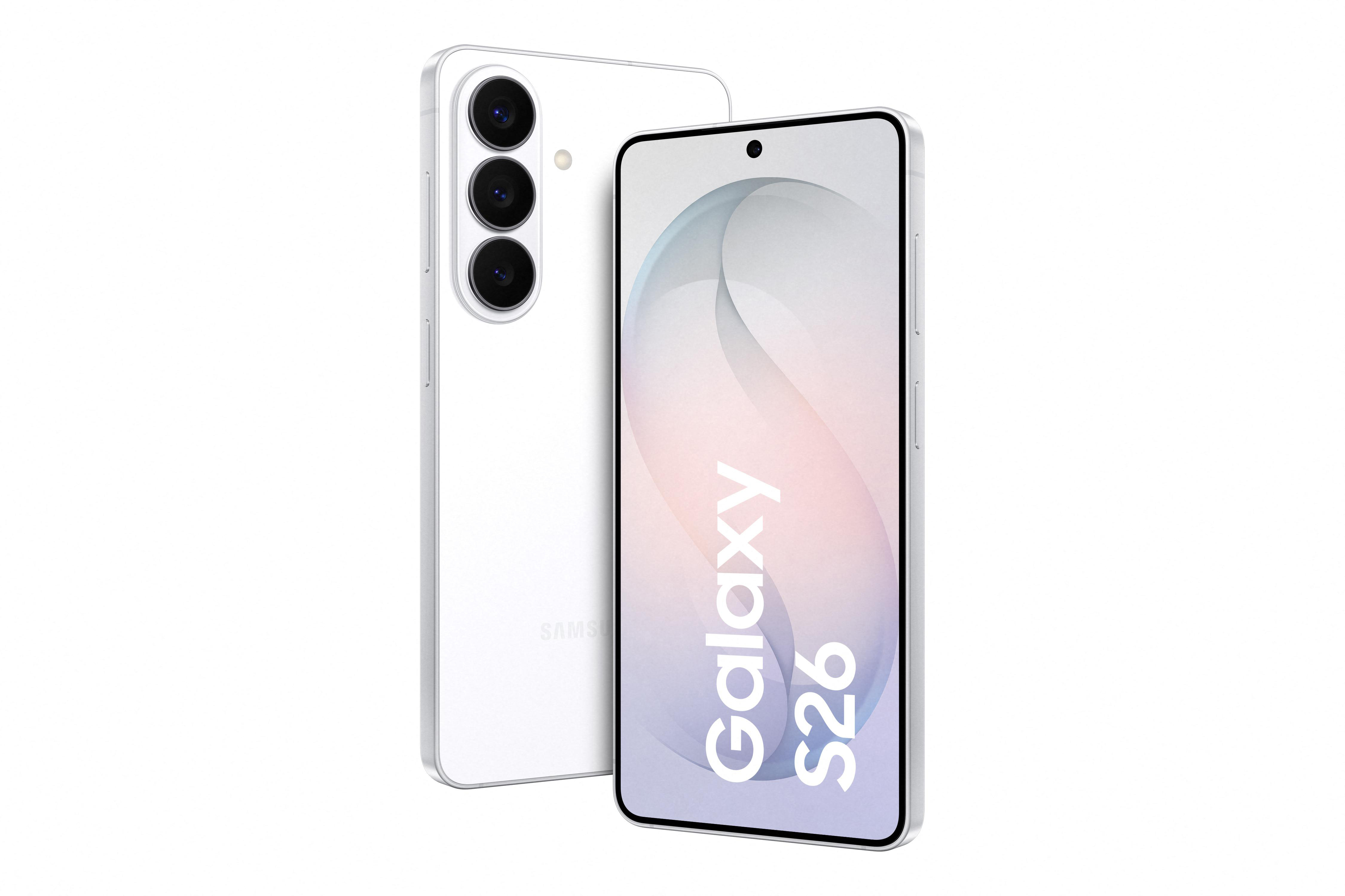 Ein weißes Samsung Galaxy S26 Smartphone mit drei Kameras auf der Rückseite.
