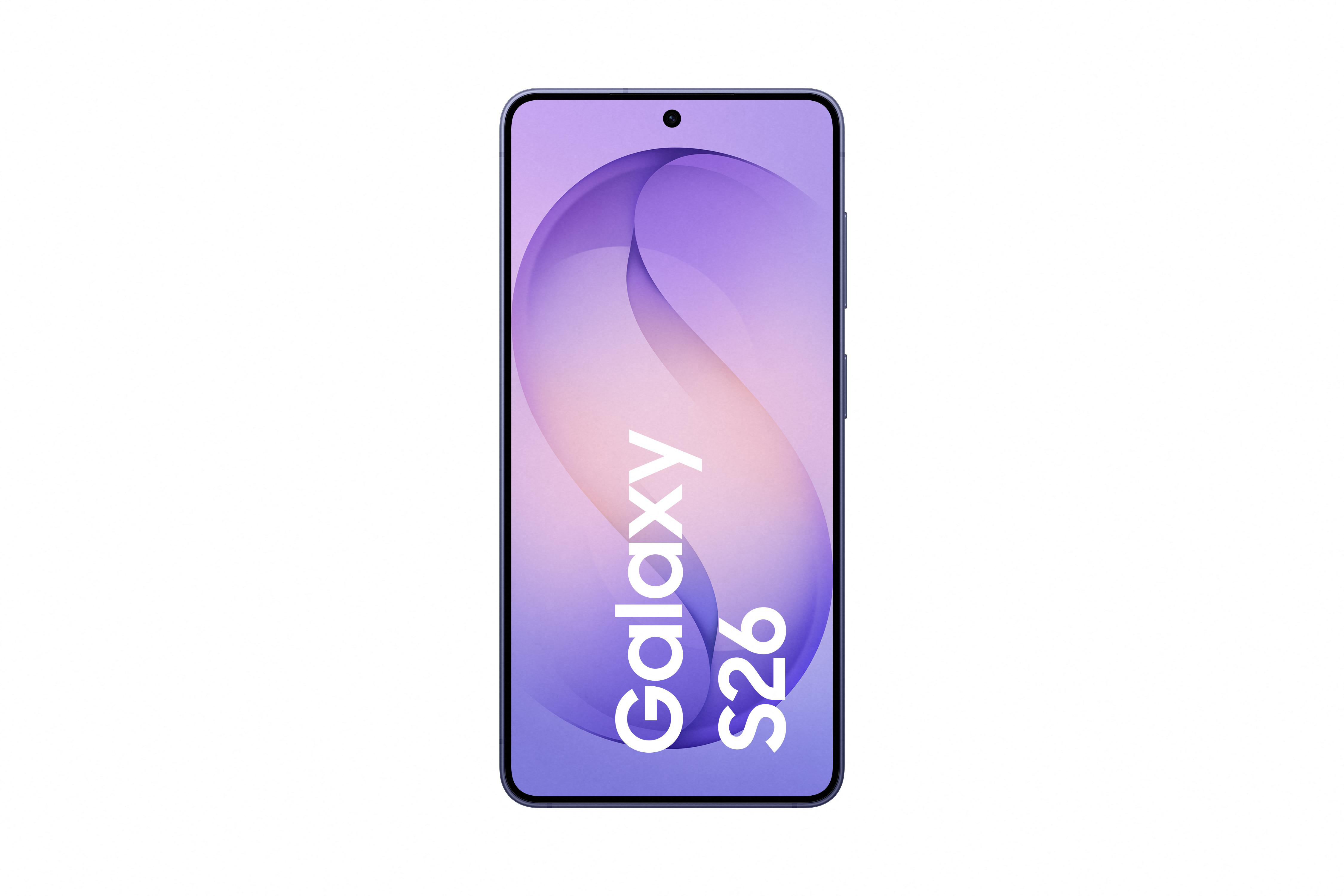 Ein blaues Smartphone mit einem lilafarbenen Hintergrund und dem Text Galaxy S26.