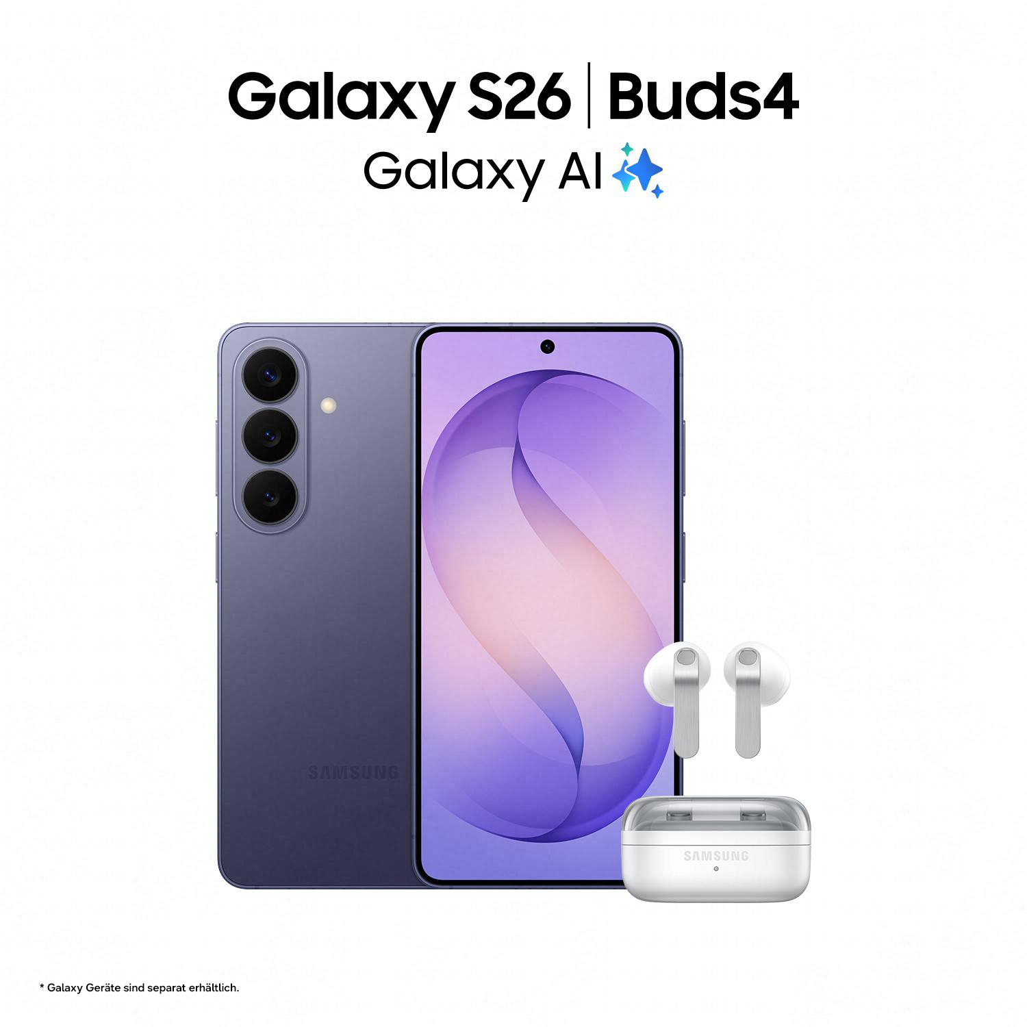 Ein violettes Samsung Galaxy S26 Smartphone, Galaxy Buds4 und Ladecase auf weißem Hintergrund.