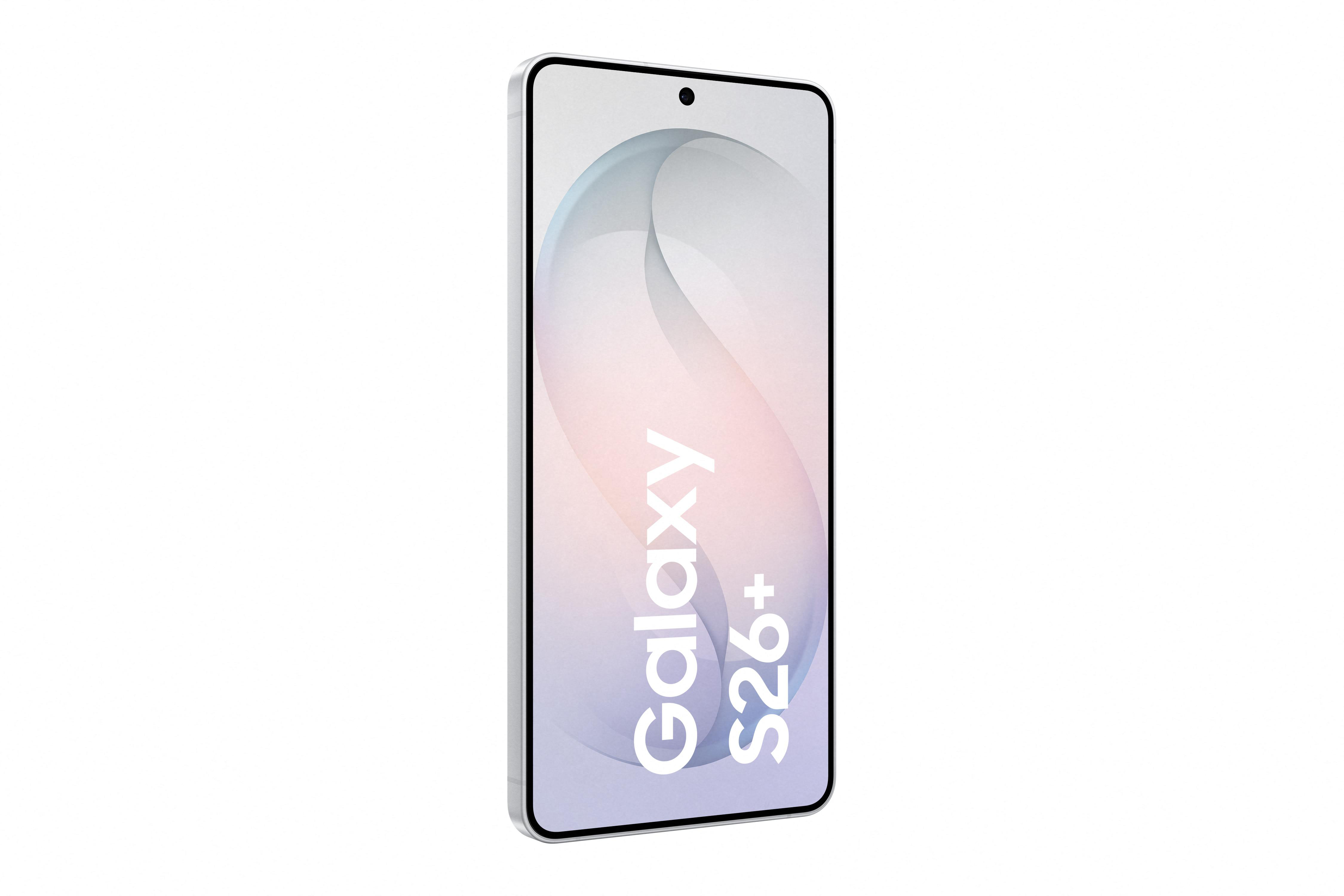 Ein silbernes Smartphone mit dem Schriftzug Galaxy S26+ auf dem Bildschirm.