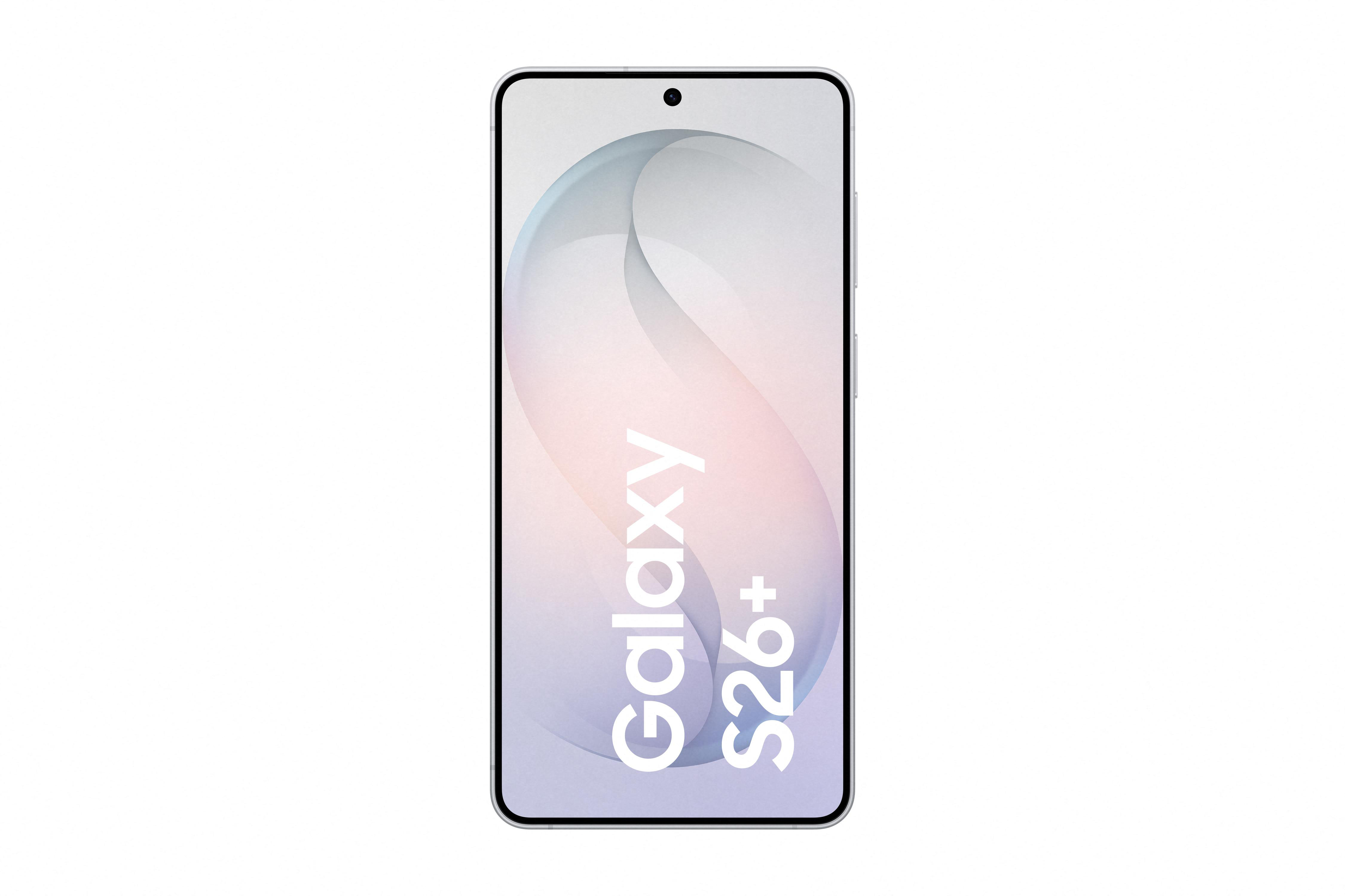 Ein silbernes Samsung Galaxy S26+ Smartphone mit einem Wellenmuster auf dem Bildschirm.