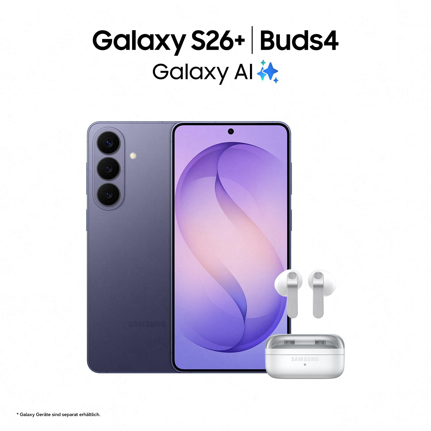 Ein violettes Samsung Galaxy S26+ mit Buds4 und Ladecase auf weißem Hintergrund.