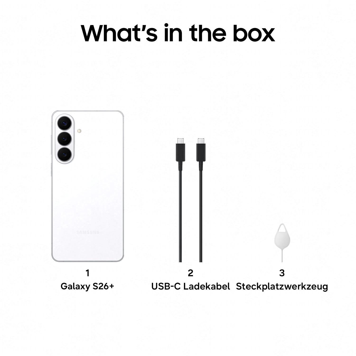 Ein weißes Samsung Galaxy S26+ mit zwei USB-C-Kabeln und einem SIM-Werkzeug.