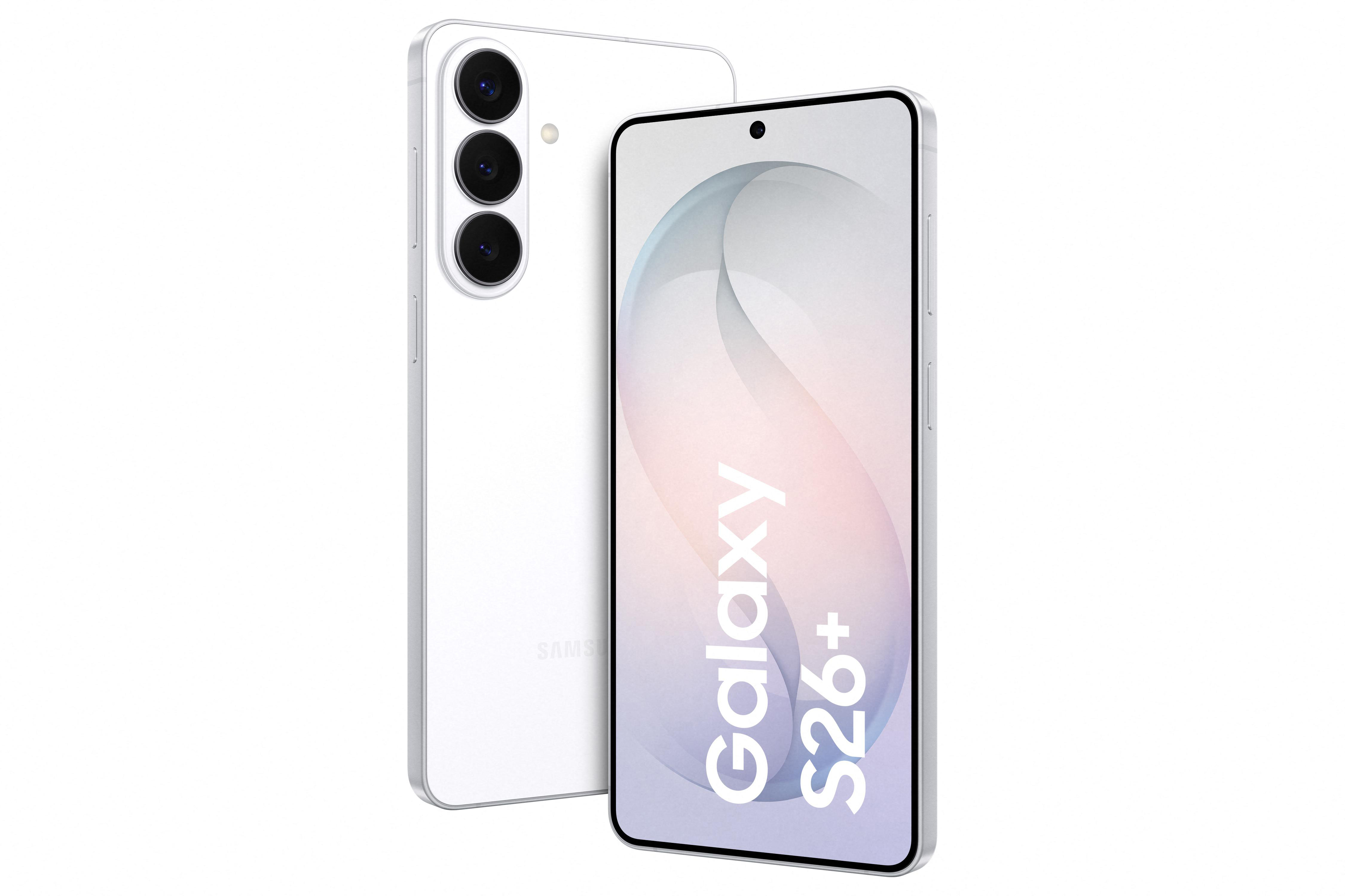 Ein weißes Samsung Galaxy S26+ Smartphone mit drei Kameras auf der Rückseite.