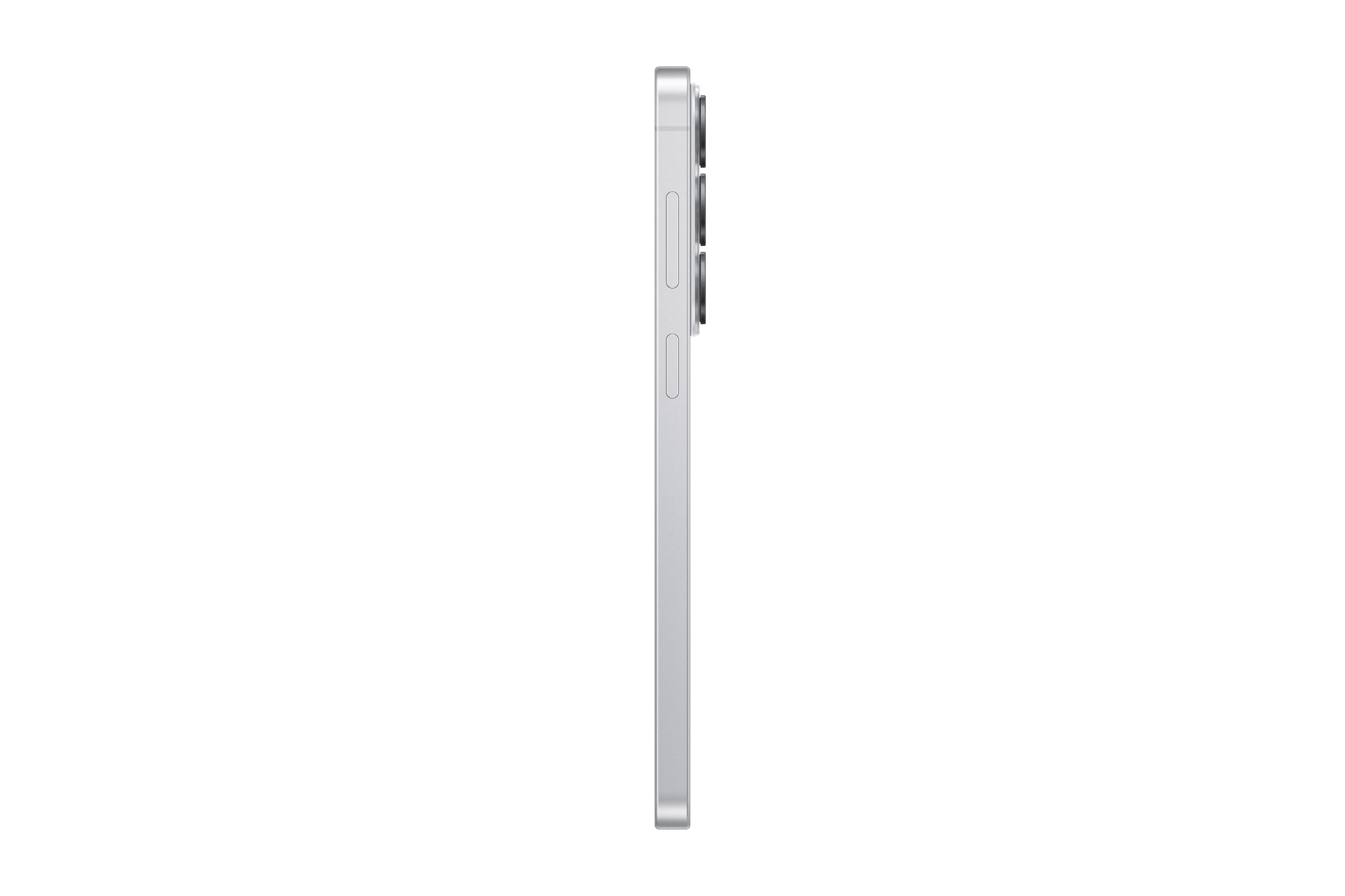 Silbernes Smartphone von der Seite mit Kameras auf der Rückseite.