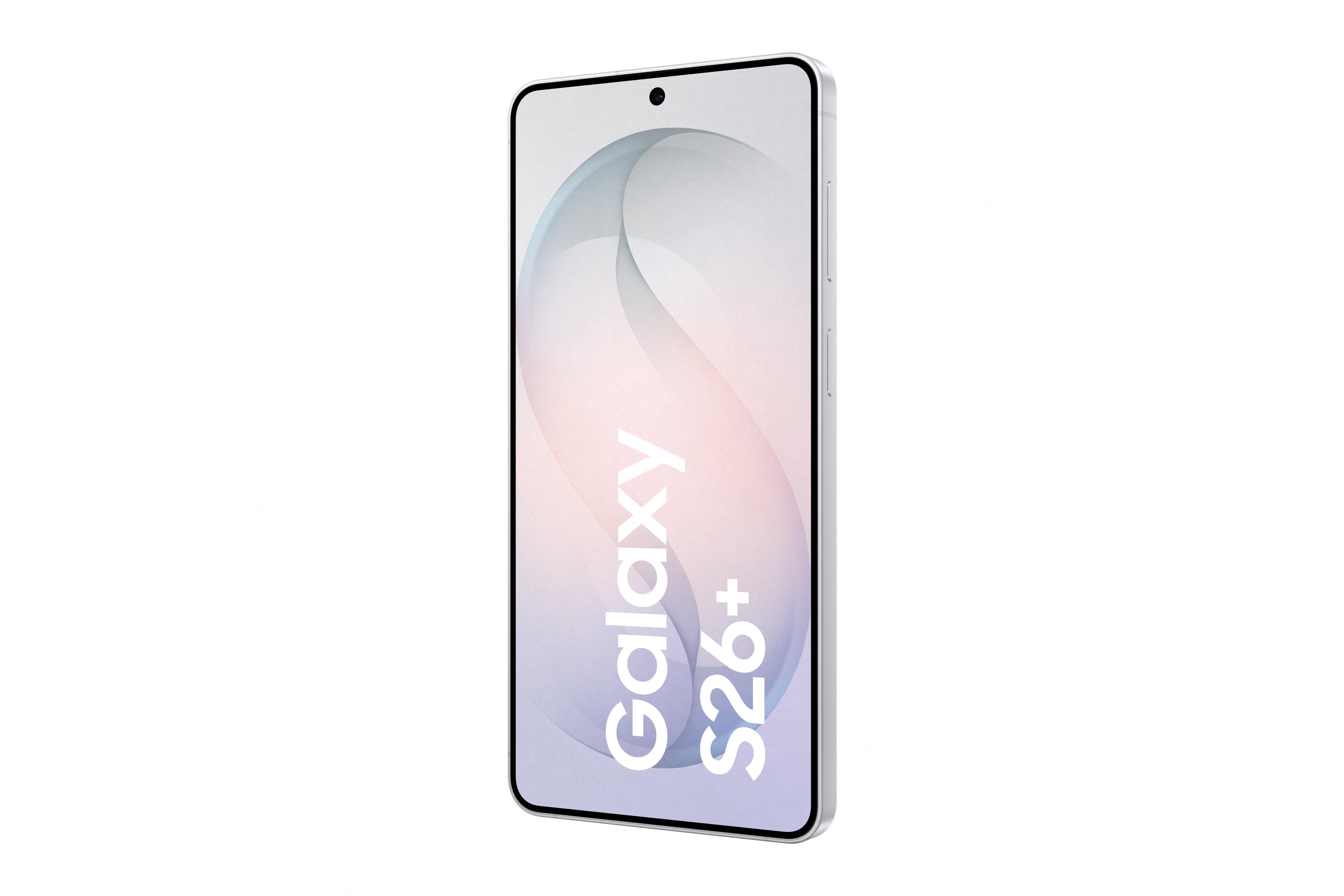 Ein silbernes Smartphone mit „Galaxy S26+“ auf dem Bildschirm.