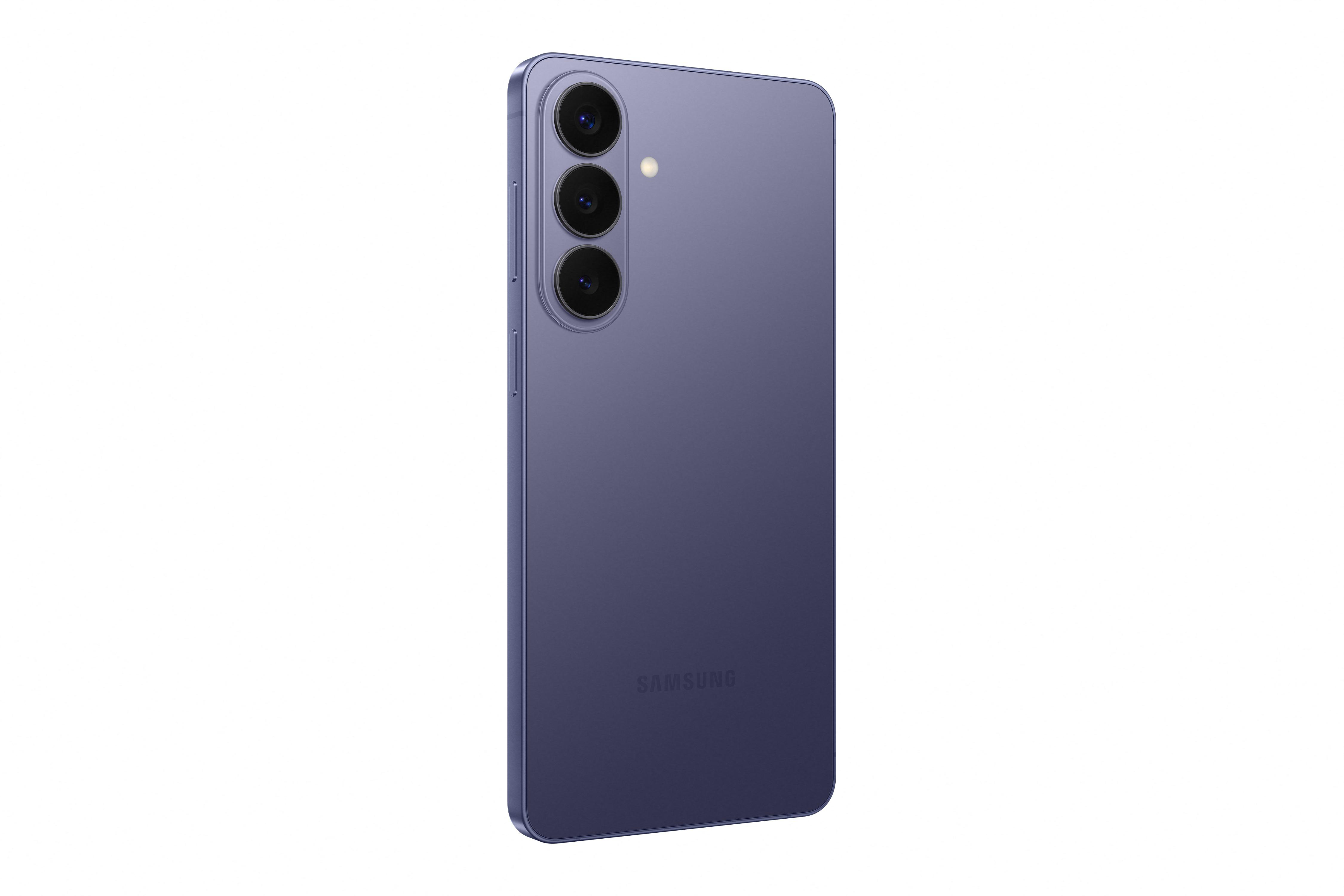 Rückseite eines violetten Smartphones mit drei Kameras und dem Samsung-Logo.