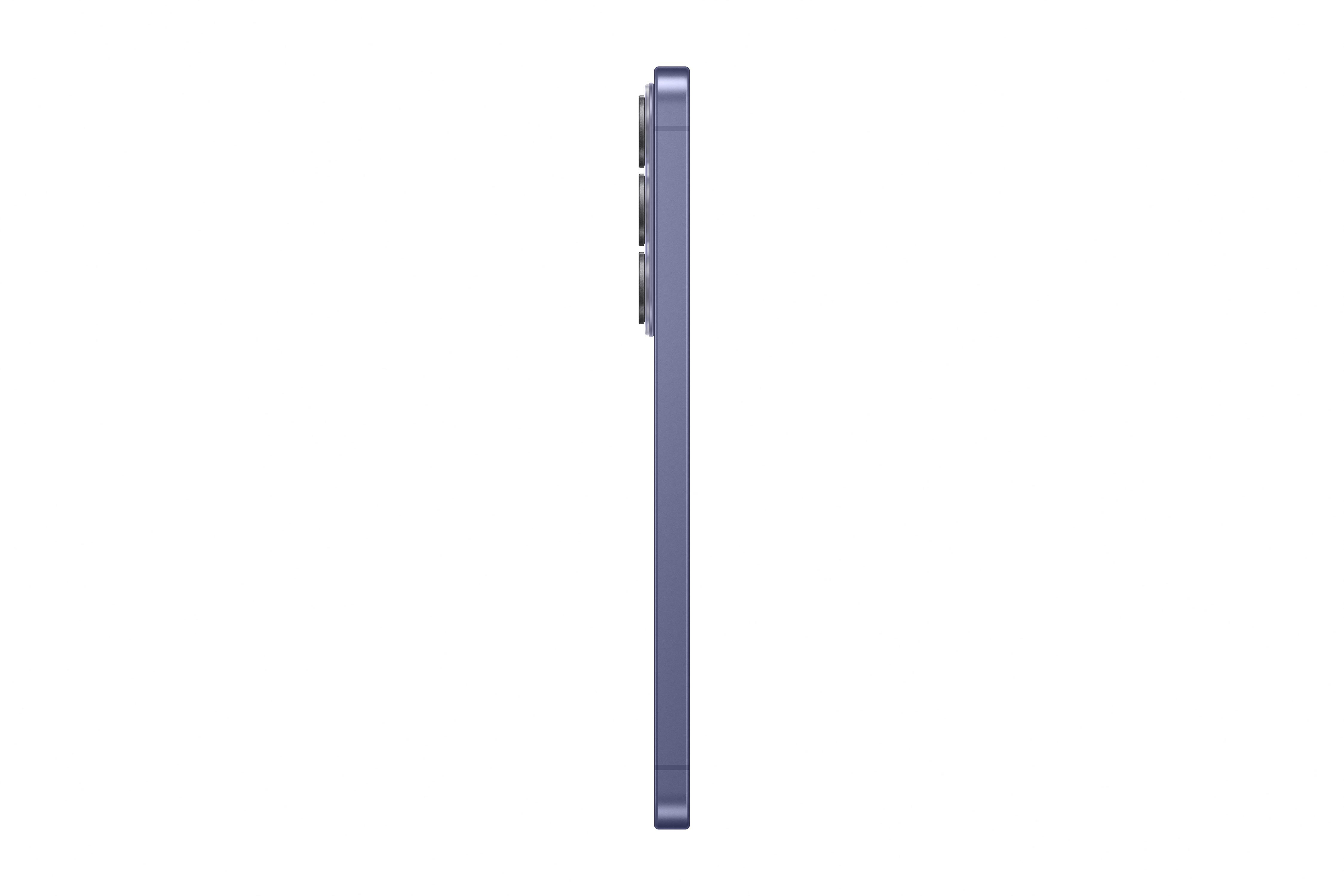 Ein blaues Smartphone mit drei Kameras, von der Seite gesehen.