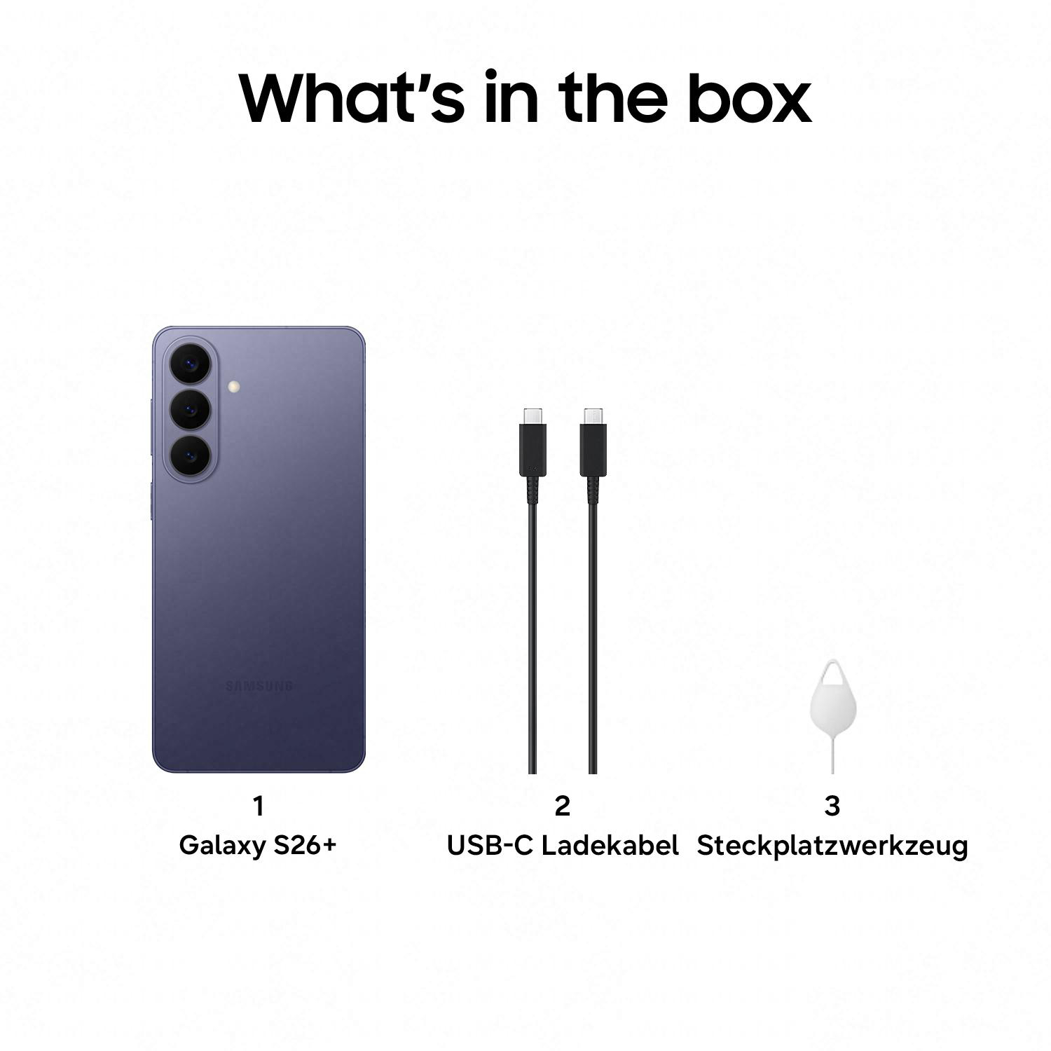 Ein violettes Samsung Galaxy S26+ mit Ladekabel und SIM-Werkzeug.