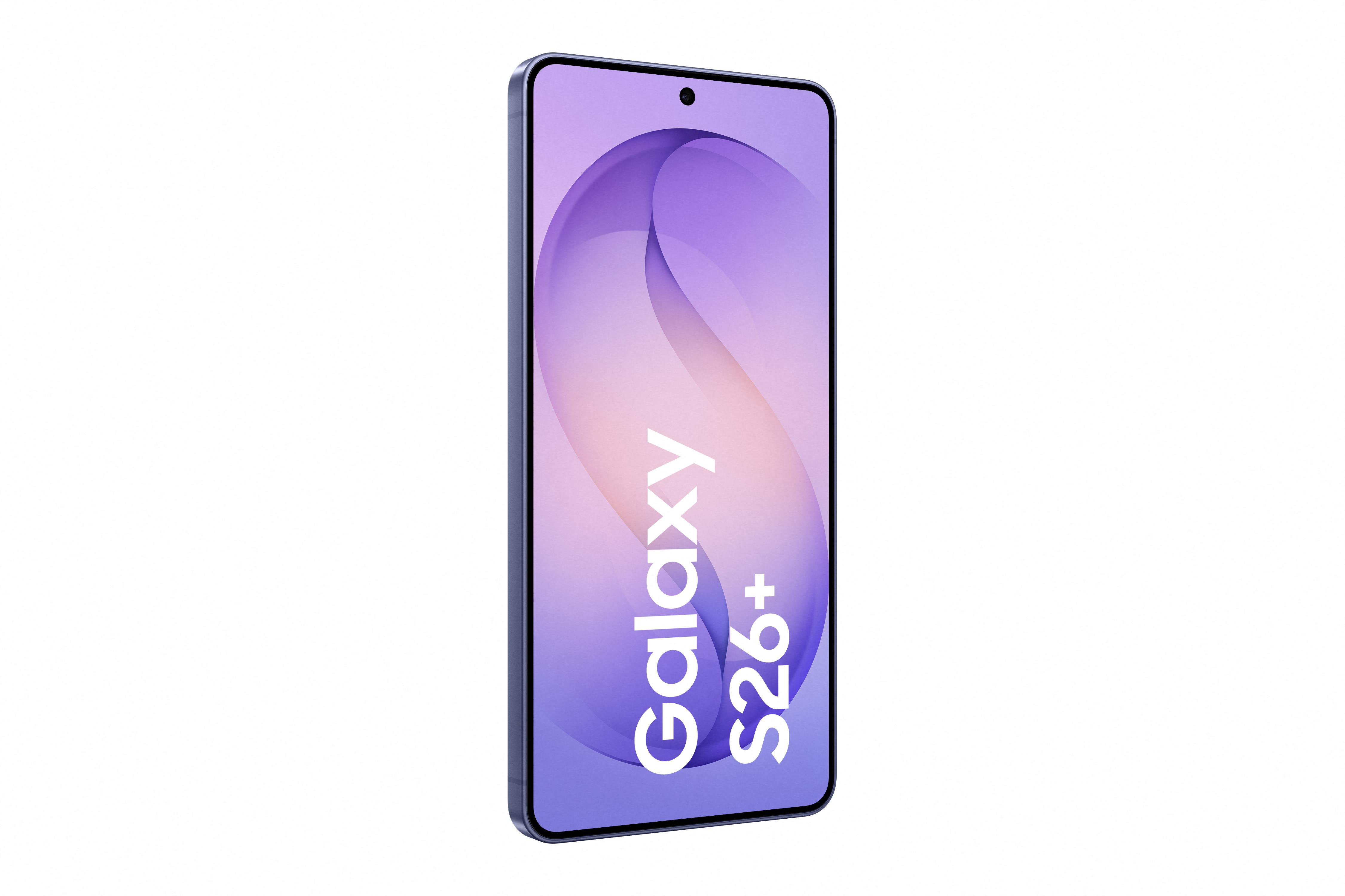 Ein blaues Samsung Galaxy S26+ Smartphone mit einem violetten Wellenmuster auf dem Bildschirm.