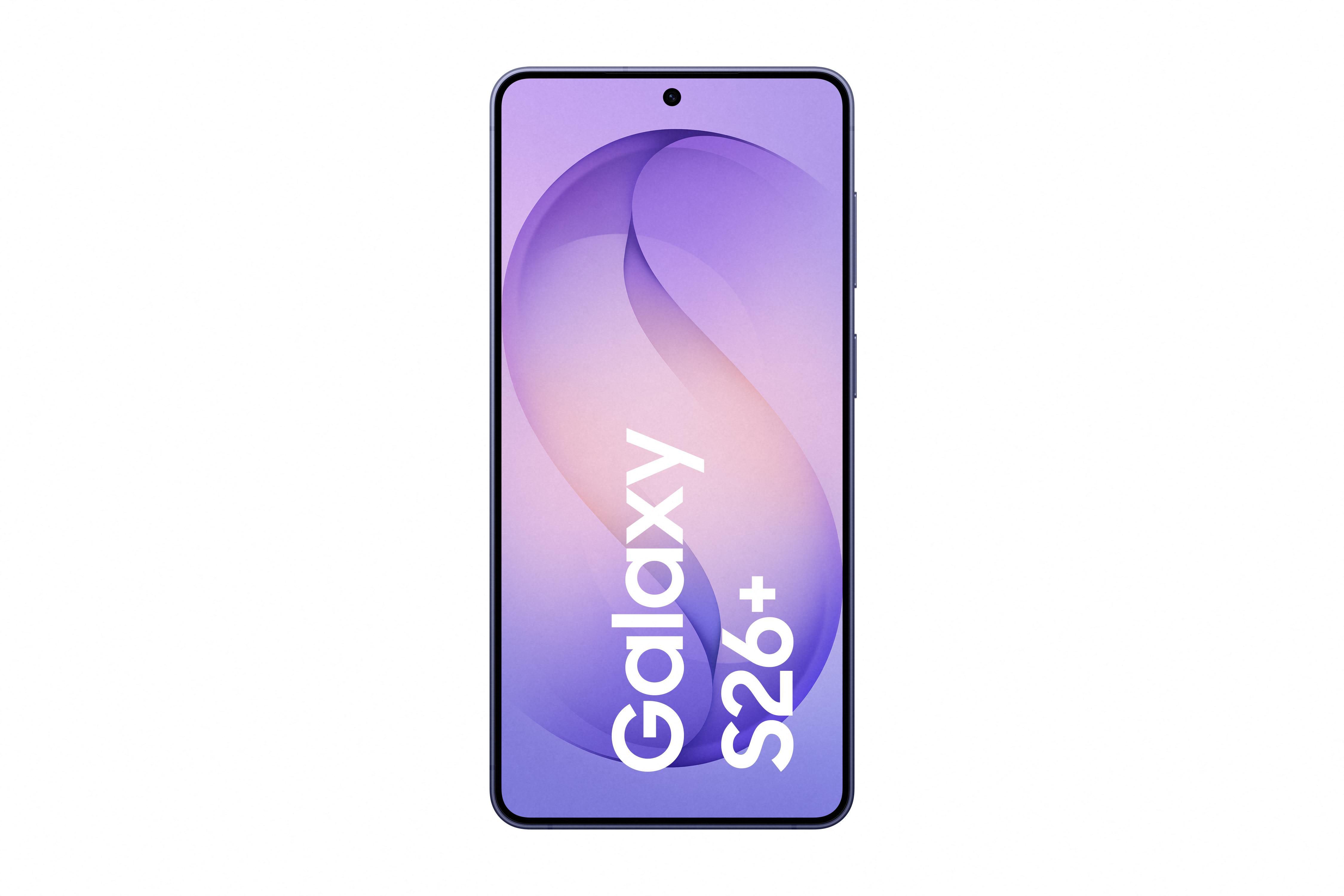 Ein dunkles Smartphone mit lila Hintergrund und dem Text "Galaxy S26+"