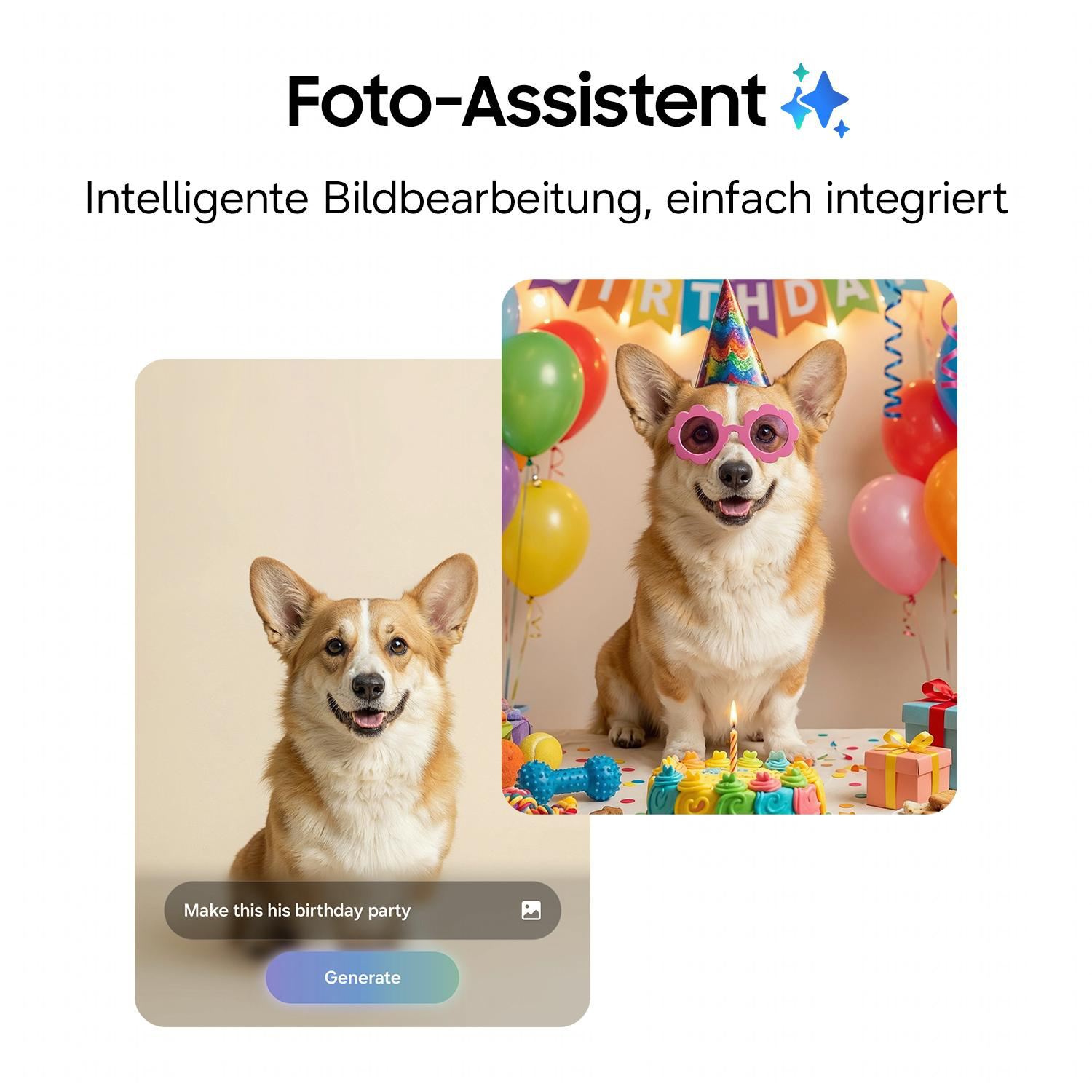 Corgi mit Partyhut und Brille, Geburtstagstorte, Luftballons.