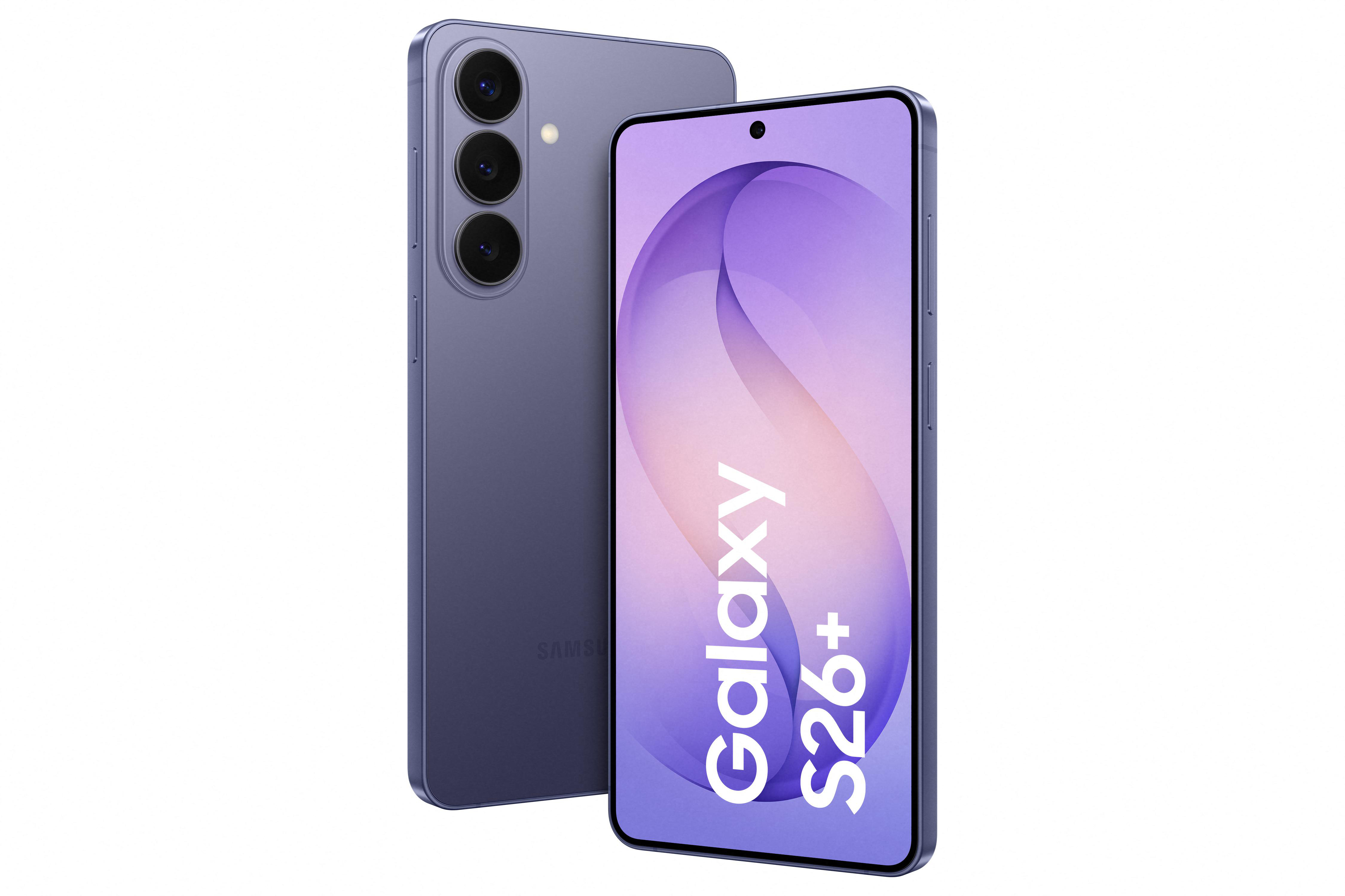 Ein lila Samsung Galaxy S26+ Smartphone mit drei Kameras auf der Rückseite.