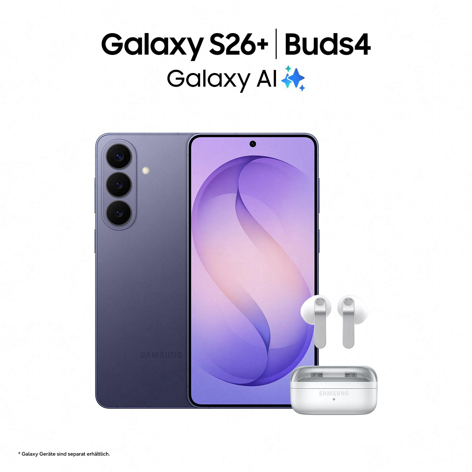 Samsung Galaxy S26+ mit Buds4 und Galaxy AI. Lila Handy, weiße Ohrhörer.