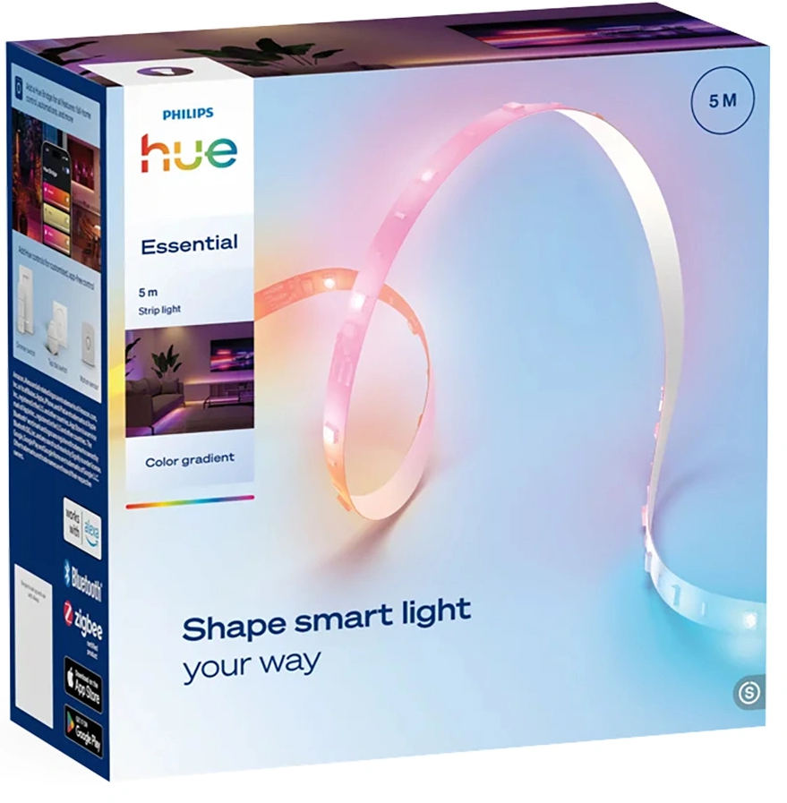 Philips Hue Essential 5m fénycsík rózsaszínben és kékben egy dobozon.