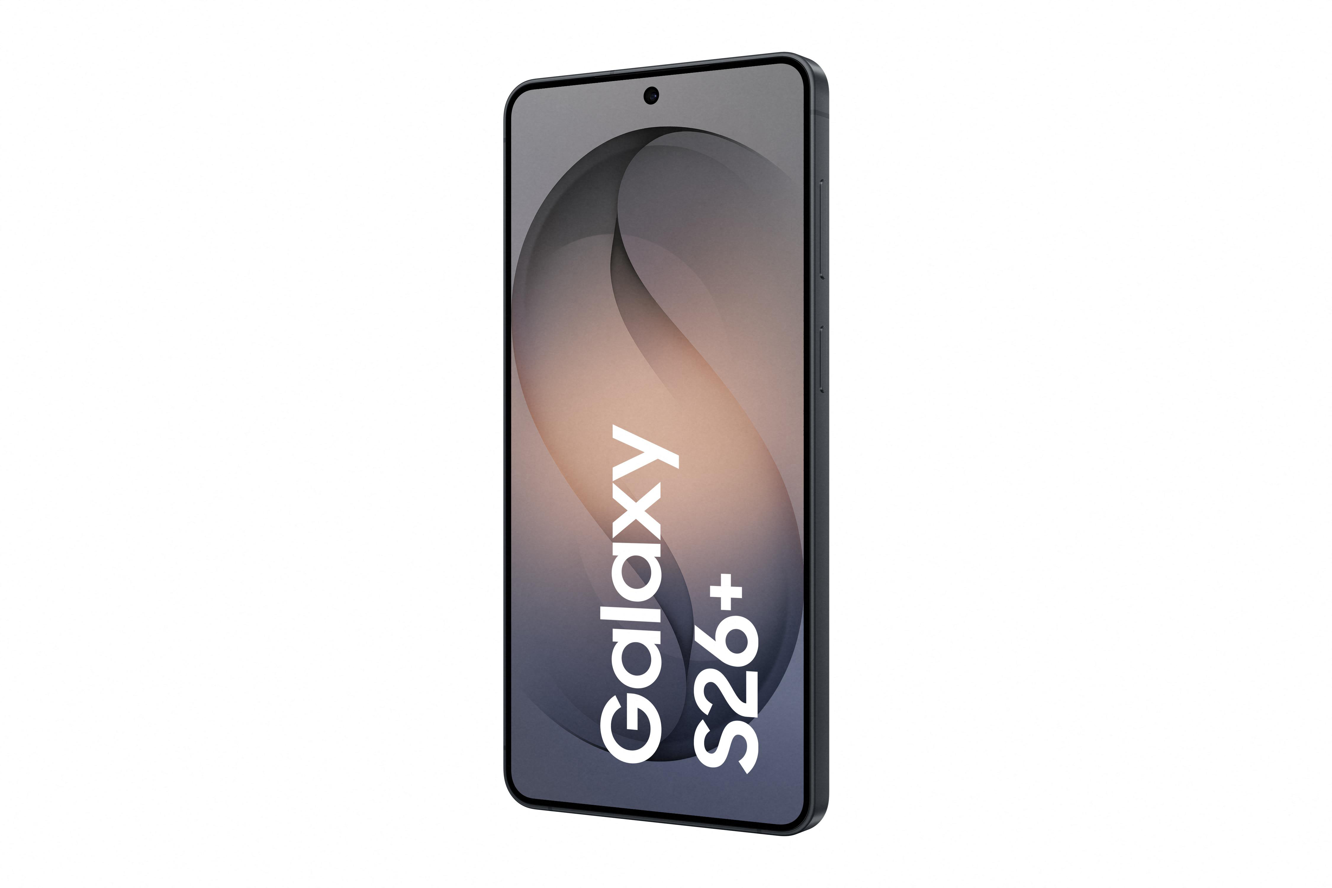 Ein dunkles Smartphone mit dem Text „Galaxy S26+“ auf dem Display.