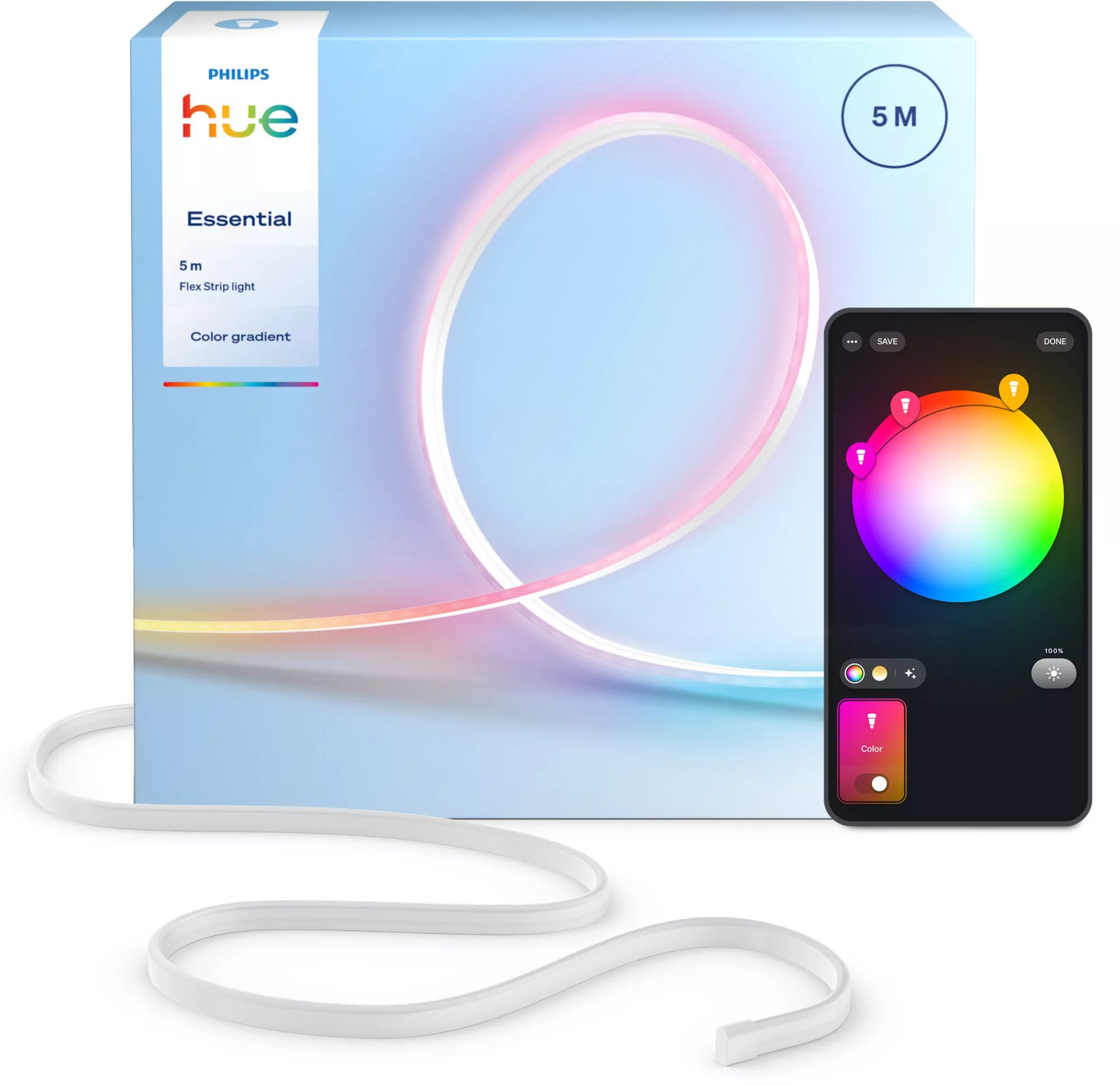 Philips Hue Essential 5 méteres flexibilis szalag fénycsík csomagolás app színkerékkel.