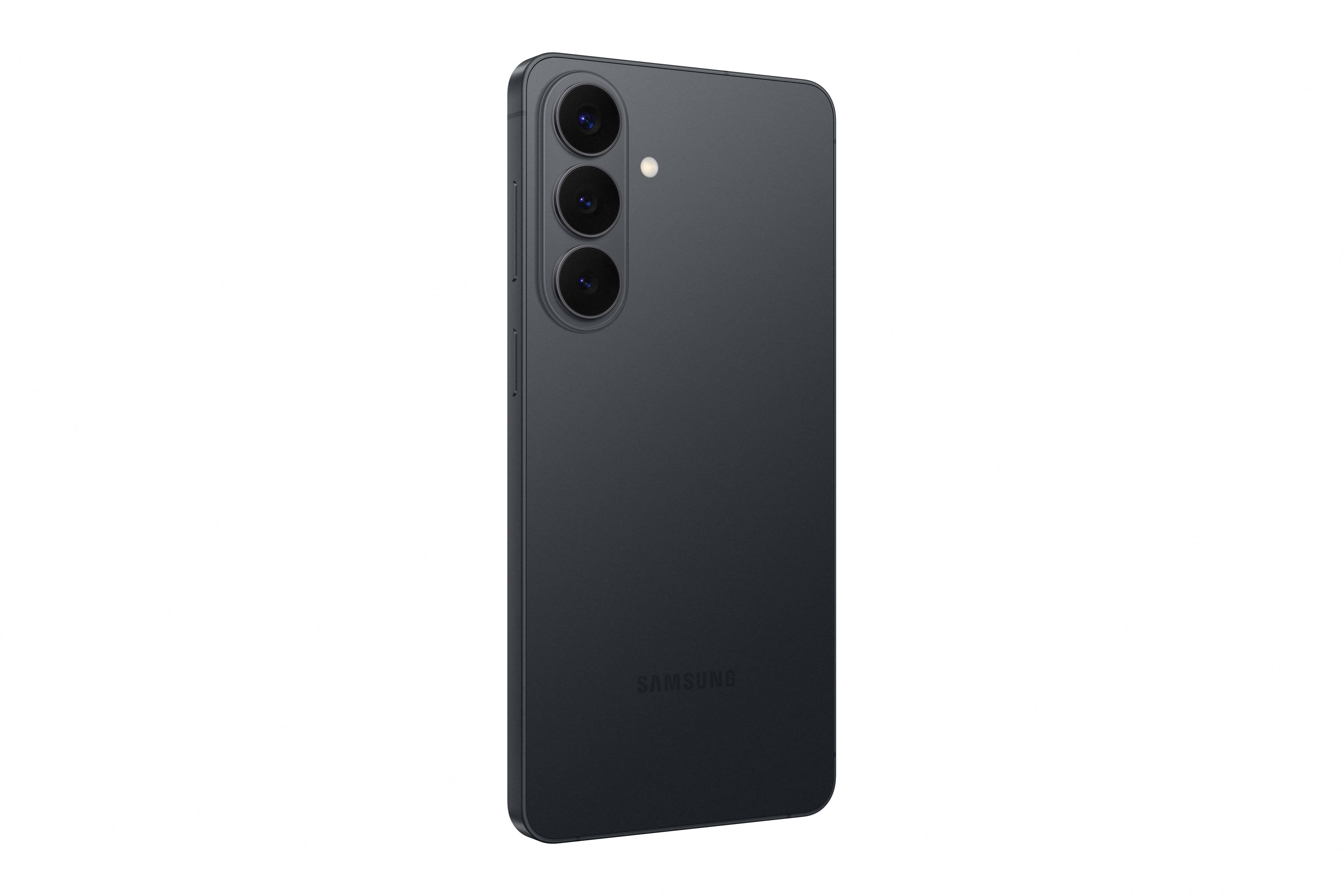 Dunkelgraues Smartphone, Rückseite mit drei Kameras und Samsung-Logo.