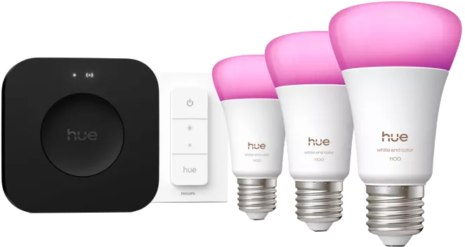 PHILIPS HUE Kezdőszett 3 db E27 izzó, pro bridge, kapcsoló (232124)