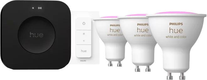 PHILIPS HUE Kezdőszett 3 db GU10 izzó, pro bridge, kapcsoló (232125)
