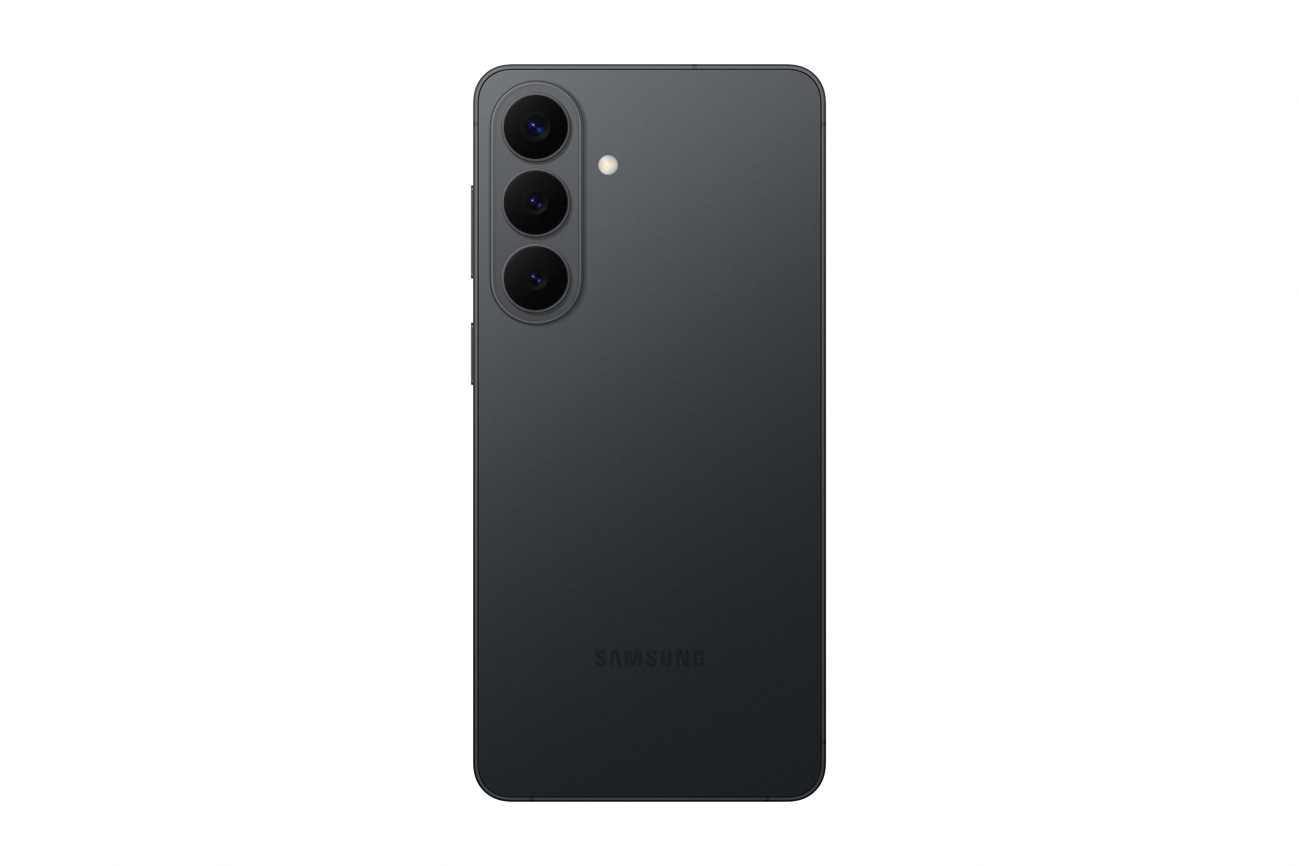 Rückseite eines dunklen Samsung-Smartphones mit drei Kameras und Blitz.