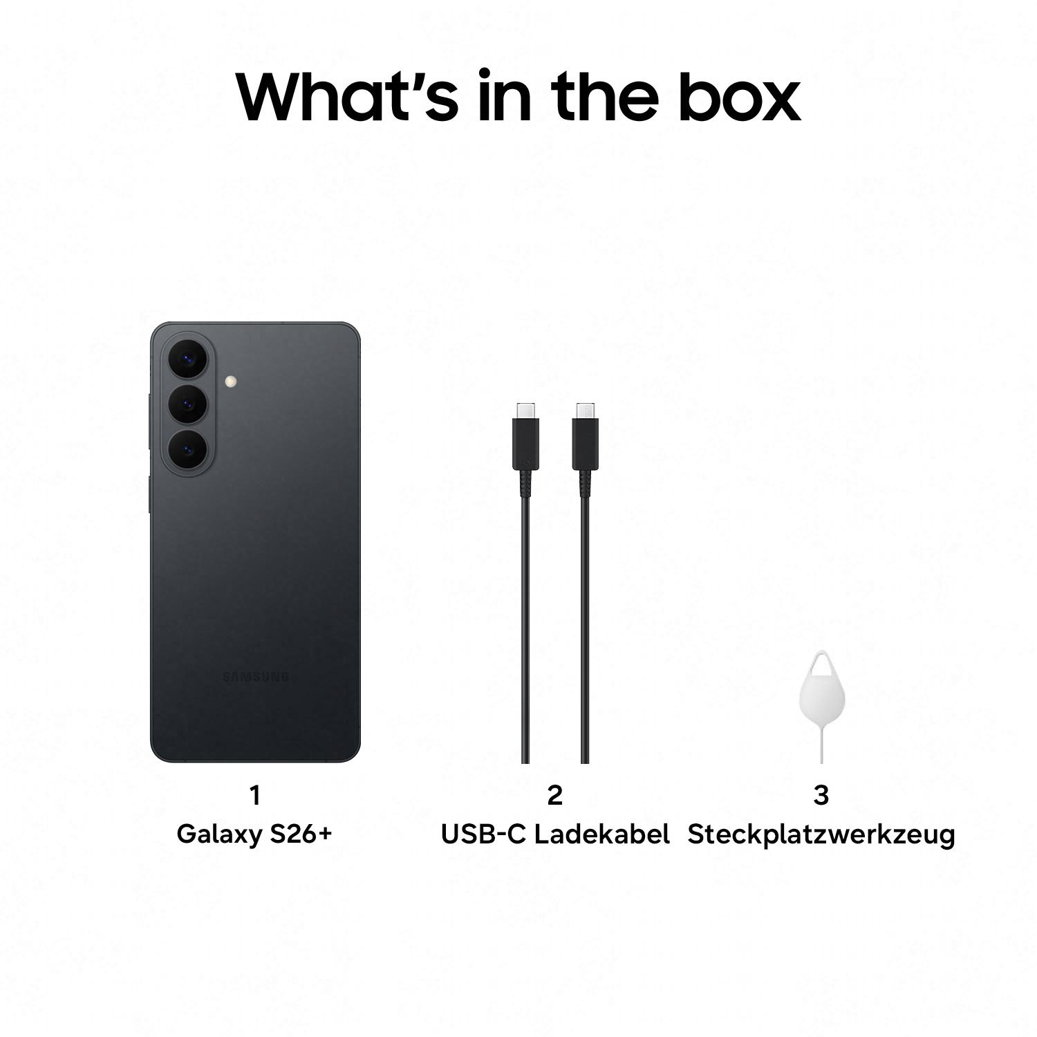 Ein Galaxy S26+, zwei USB-C Ladekabel und ein Steckplatzwerkzeug.