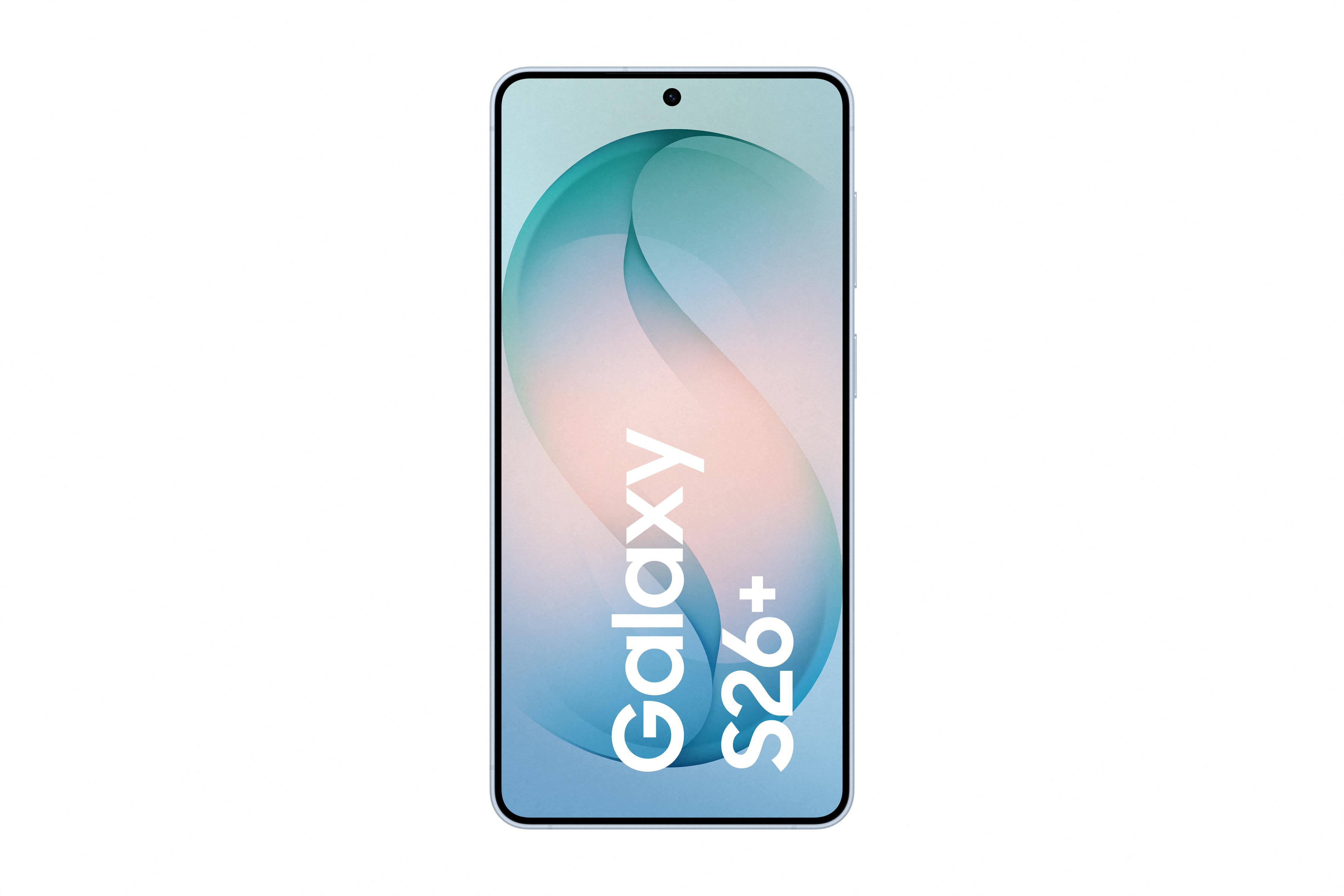 Ein Samsung Galaxy S26+ Smartphone mit einem abstrakten blauen und rosa Hintergrund.