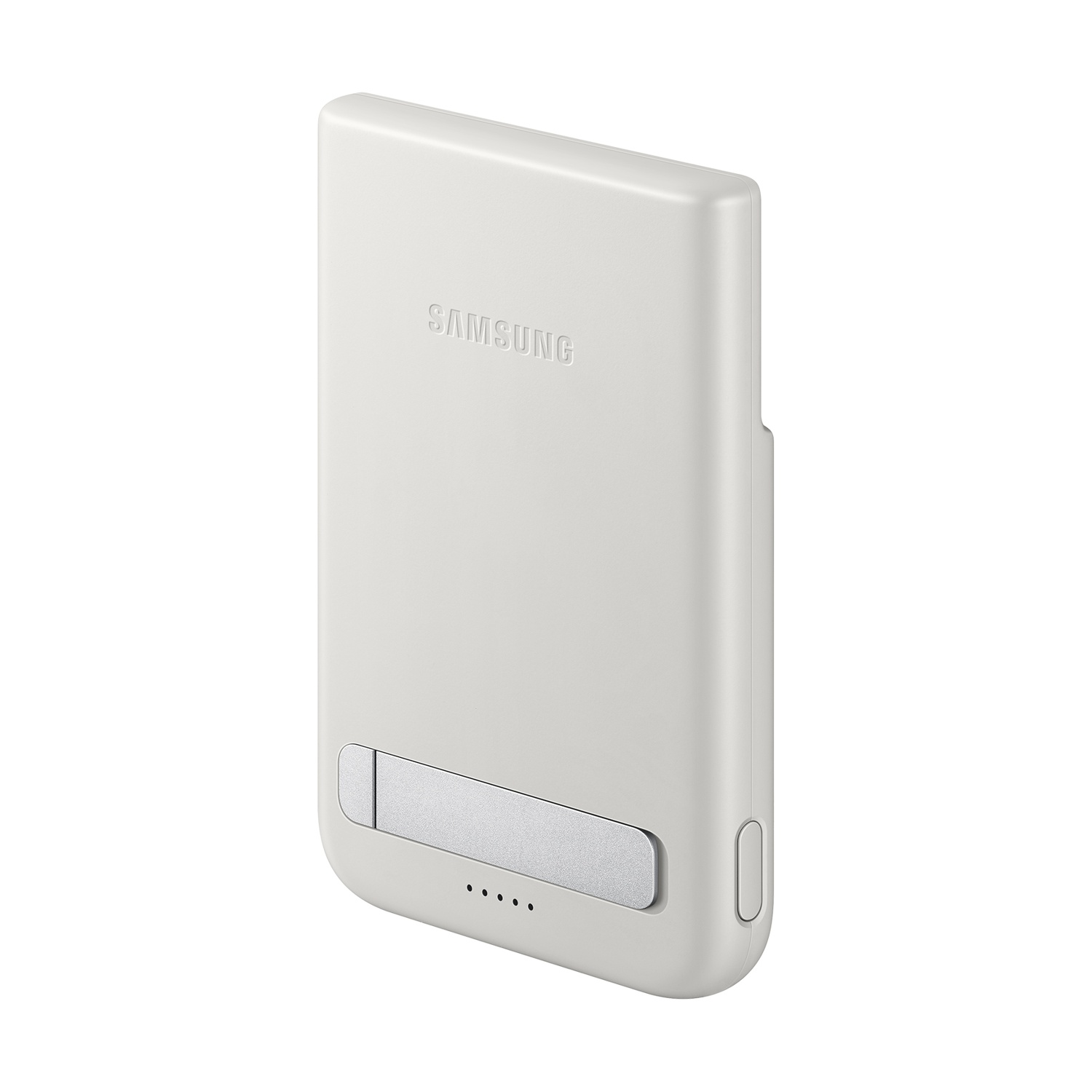 Un caricabatterie Samsung bianco con supporto argento e quattro spie di carica.