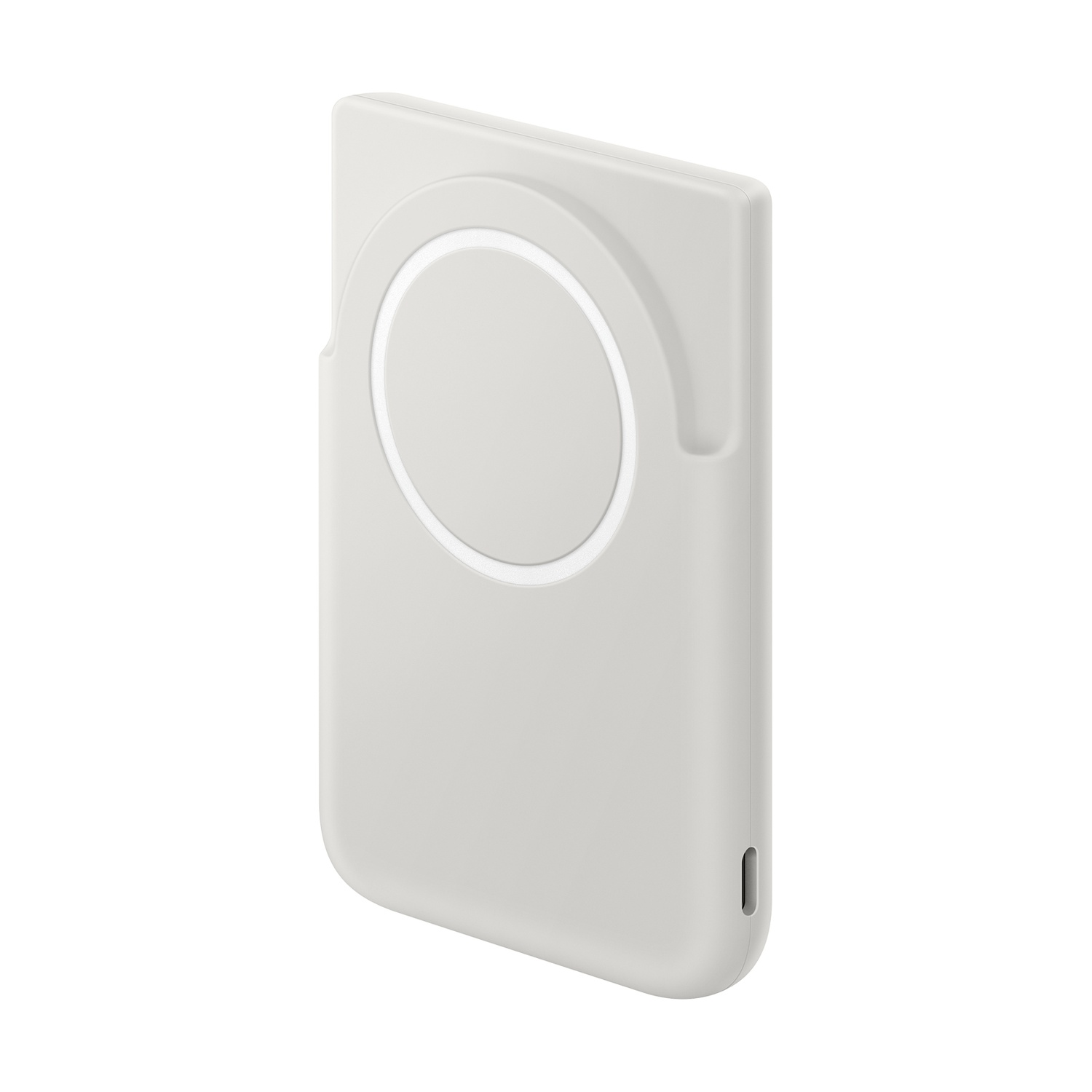 Batteria MagSafe grigio chiaro con rientranza circolare e porta di ricarica.