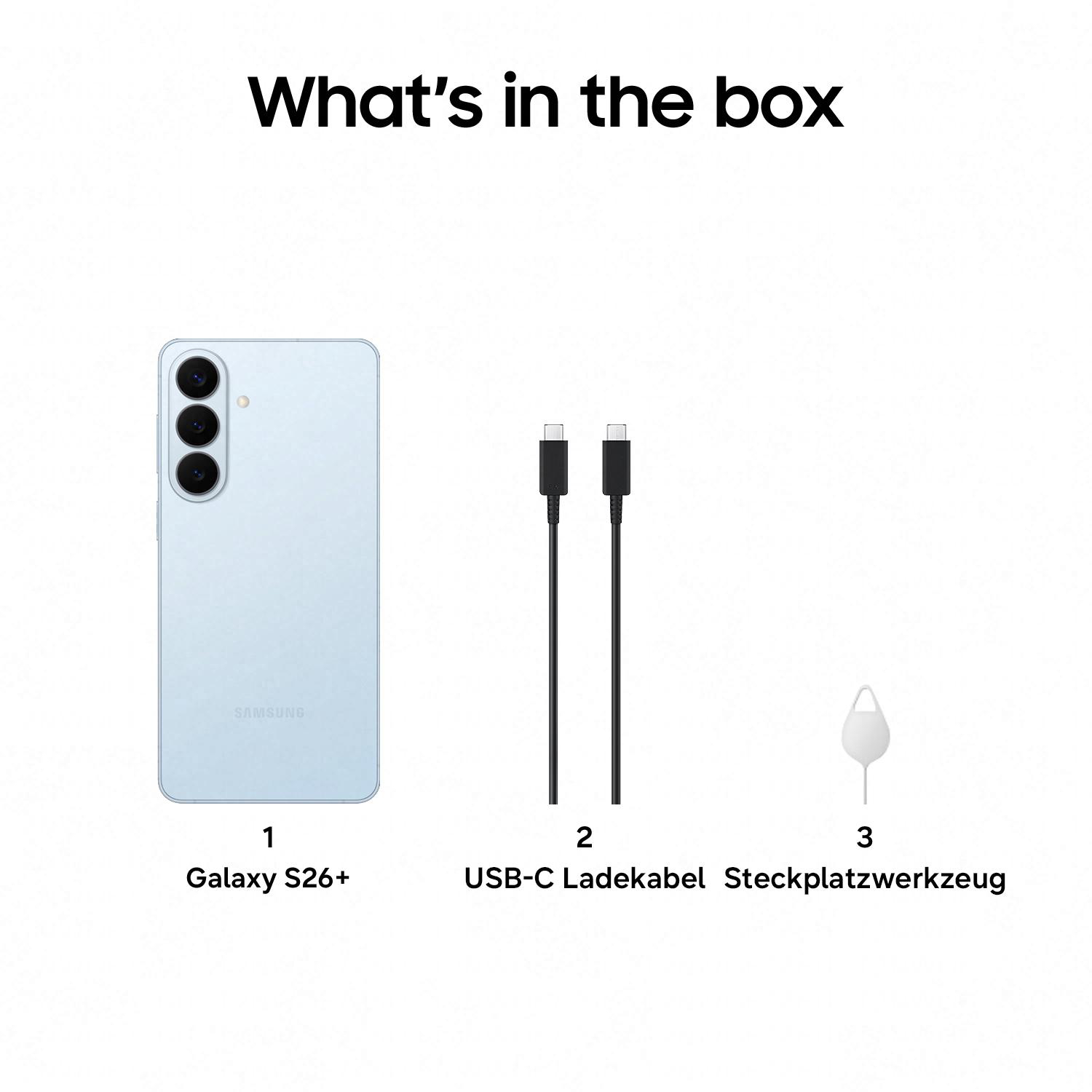 Ein hellblaues Samsung Galaxy S26+ mit Kabel und SIM-Werkzeug.