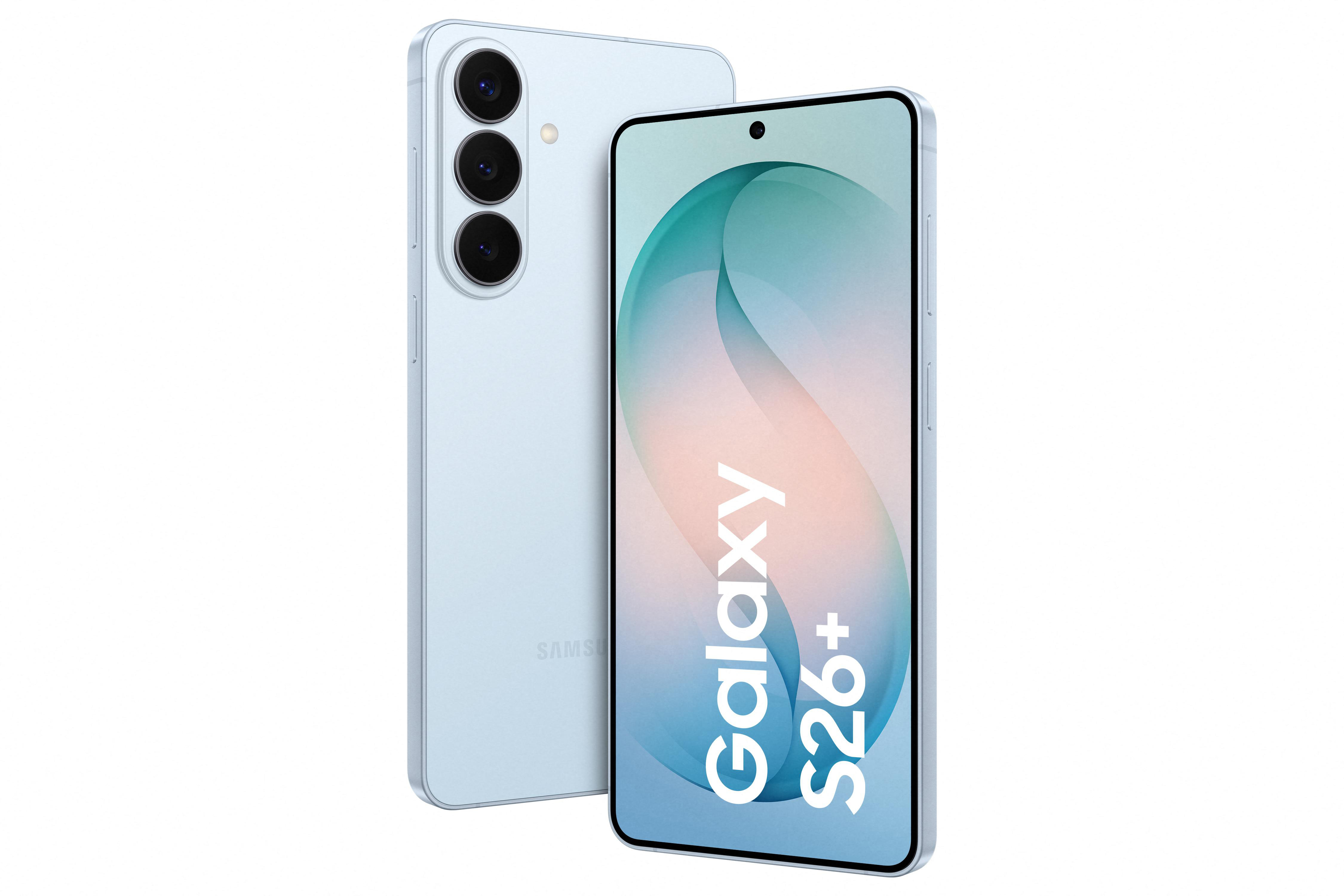 Ein hellblaues Samsung Galaxy S26+ Smartphone, mit drei Kameras auf der Rückseite.