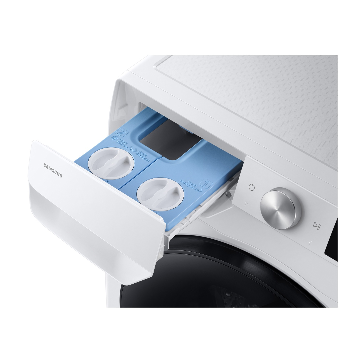 Cassetto detersivo lavatrice estratto, mostra scomparti per detersivo.