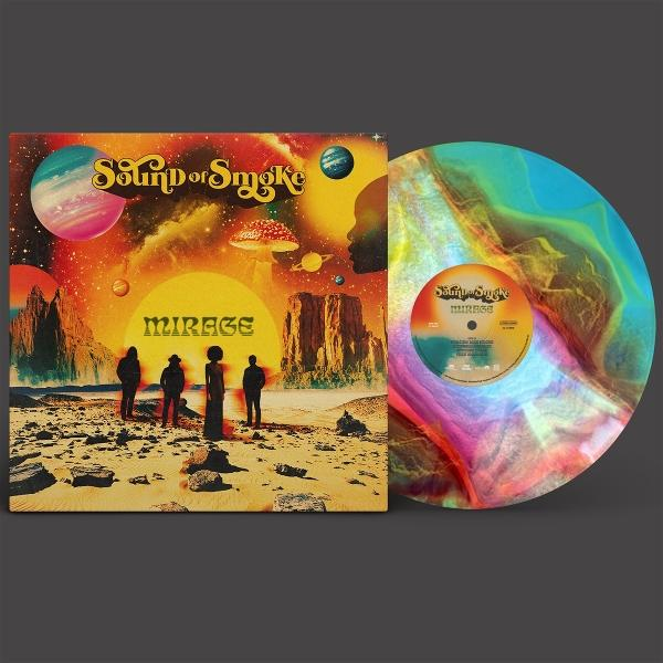 Schallplatte mit surrealem Albumcover: vier Figuren stehen vor Felsen und Weltraumlandschaft.